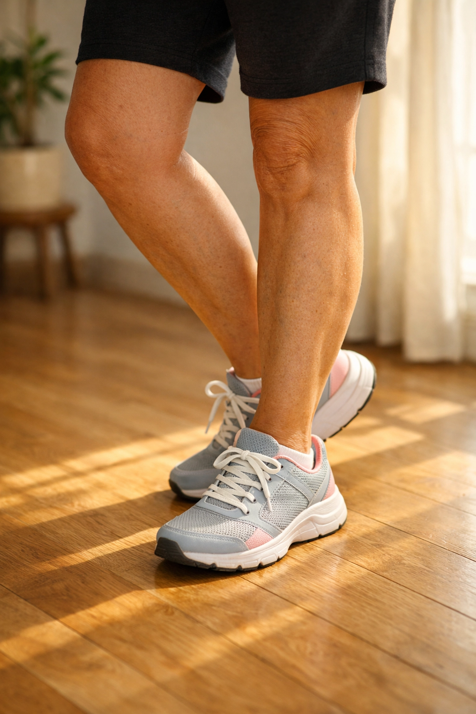 Senior woman's legs demonstrating strong, stable stance for balance and mobility