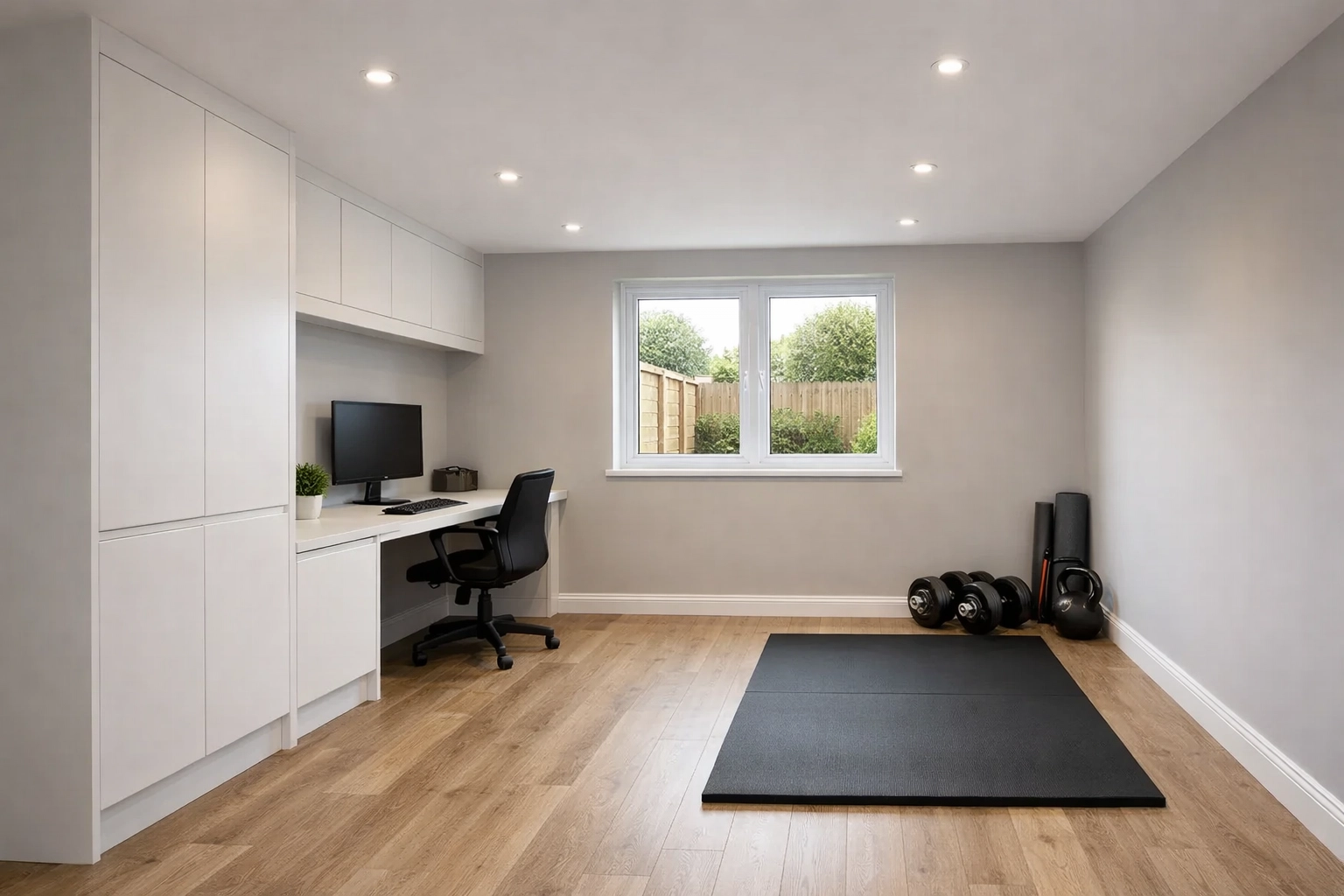 High-spec garage conversion completed as a home office / gym in Nuneaton or Hinckley (clean finish, bright and practical).