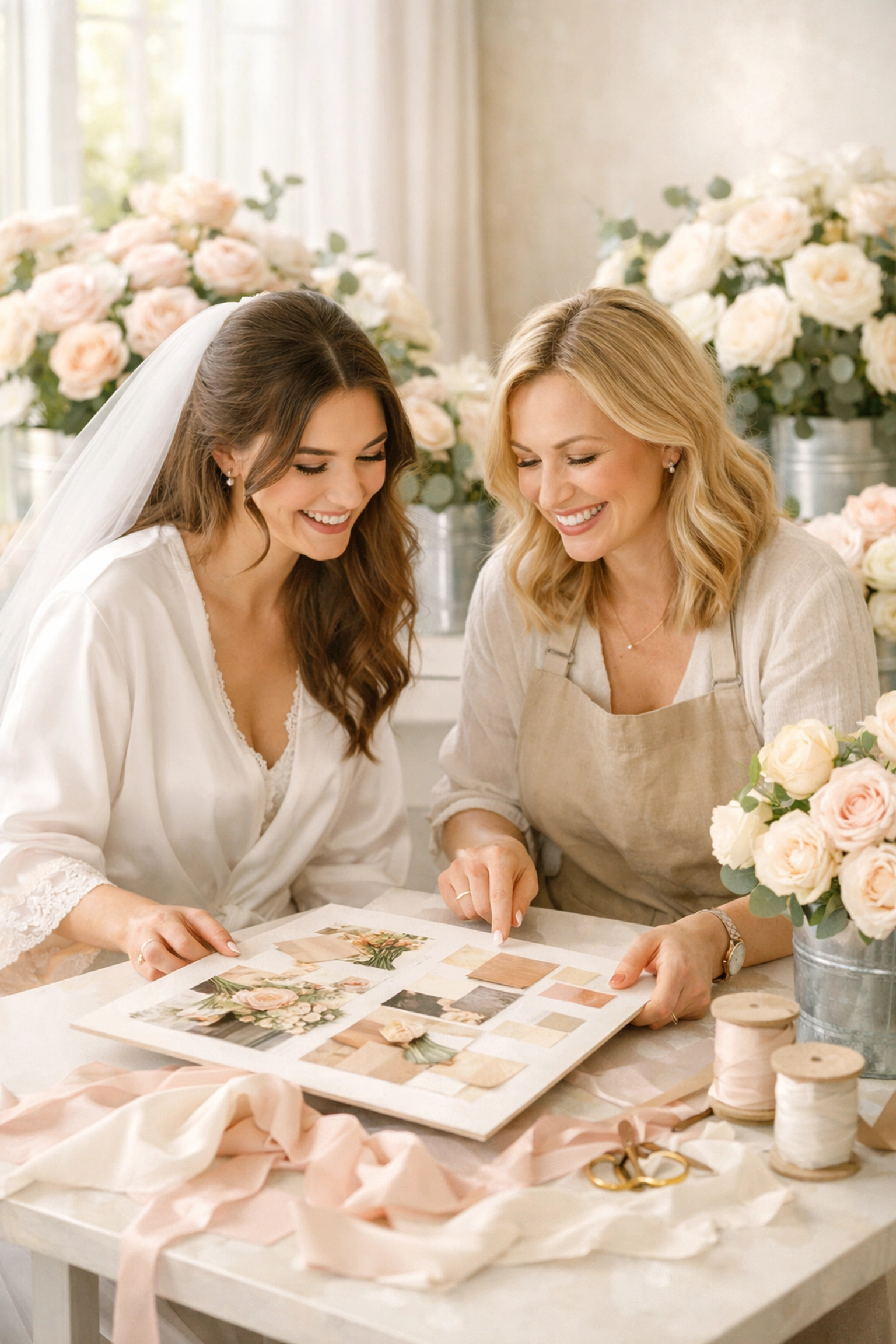 A bride-to-be and wedding florist discussing arrangements with pre-funded cash flow.