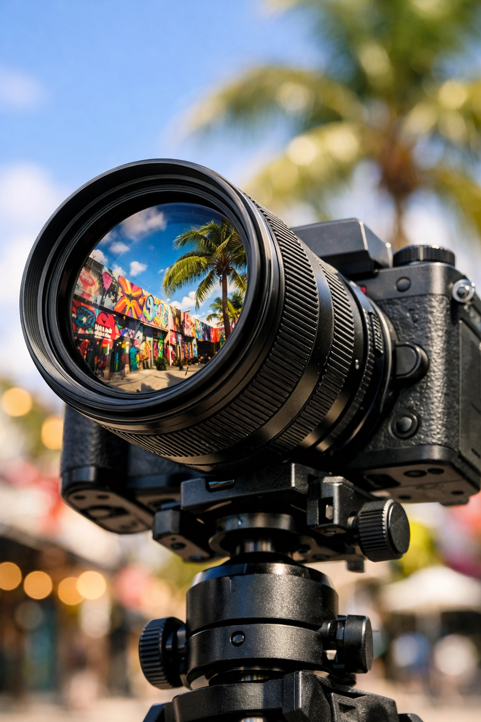 Professional Nikon camera reflecting Wynwood art during a commercial photographer miami shoot.