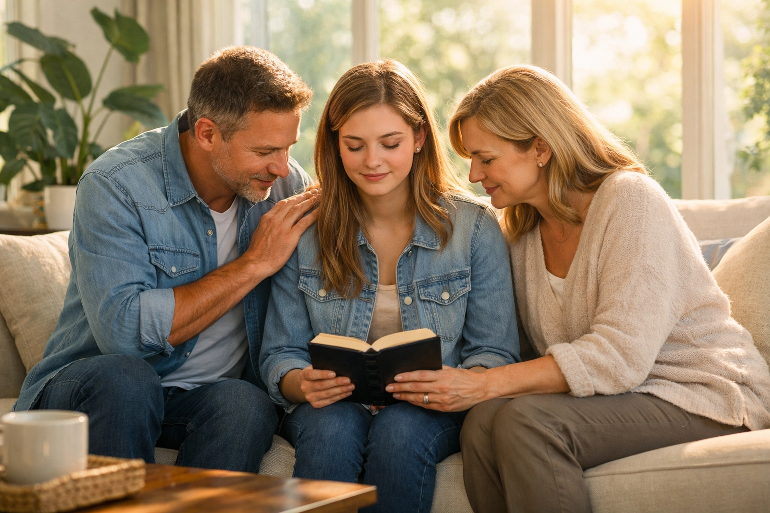 A modern family shares a quiet moment of prayer and Bible study in a sunlit room, growing in faith together.