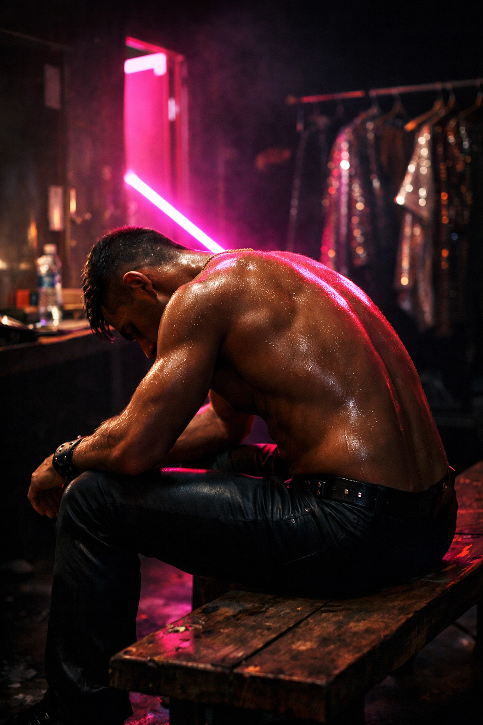 Exhausted gay gogo dancer sitting backstage, reflecting the physical toll of nightlife in MM romance.