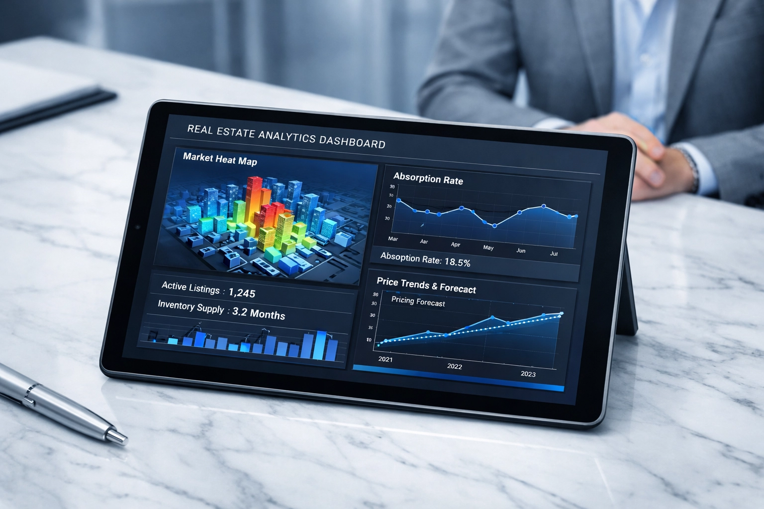 Tablet with real estate data visualizations and market heat maps for professional agent listing presentations.