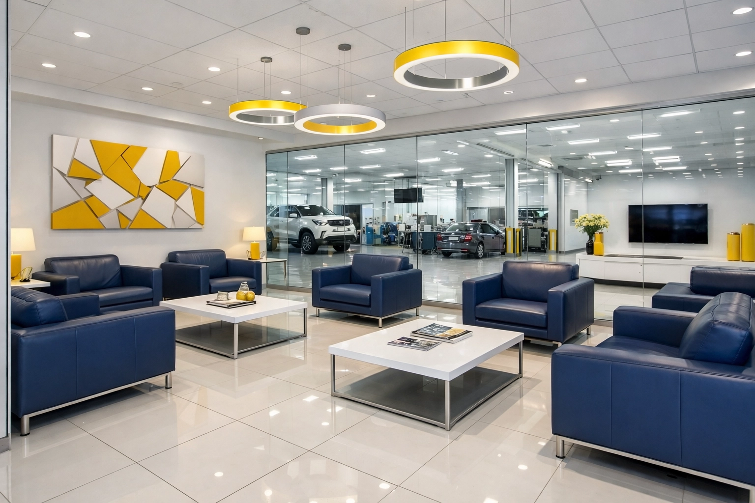 Clean car dealership waiting lounge with polished floors and professional seating maintained by The Cleaning Ninjas.