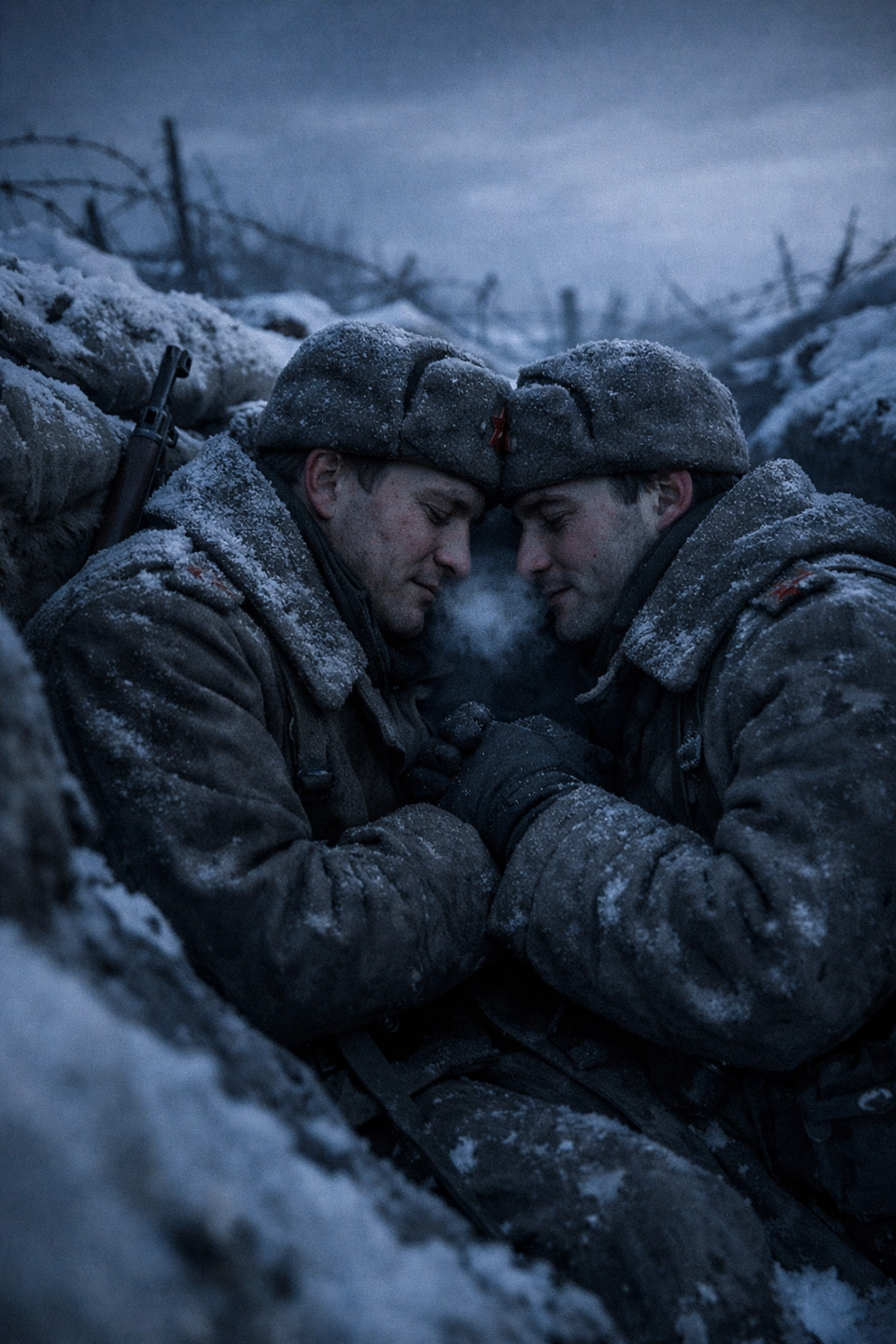Two Soviet soldiers huddle together in Eastern Front trench during WWII winter