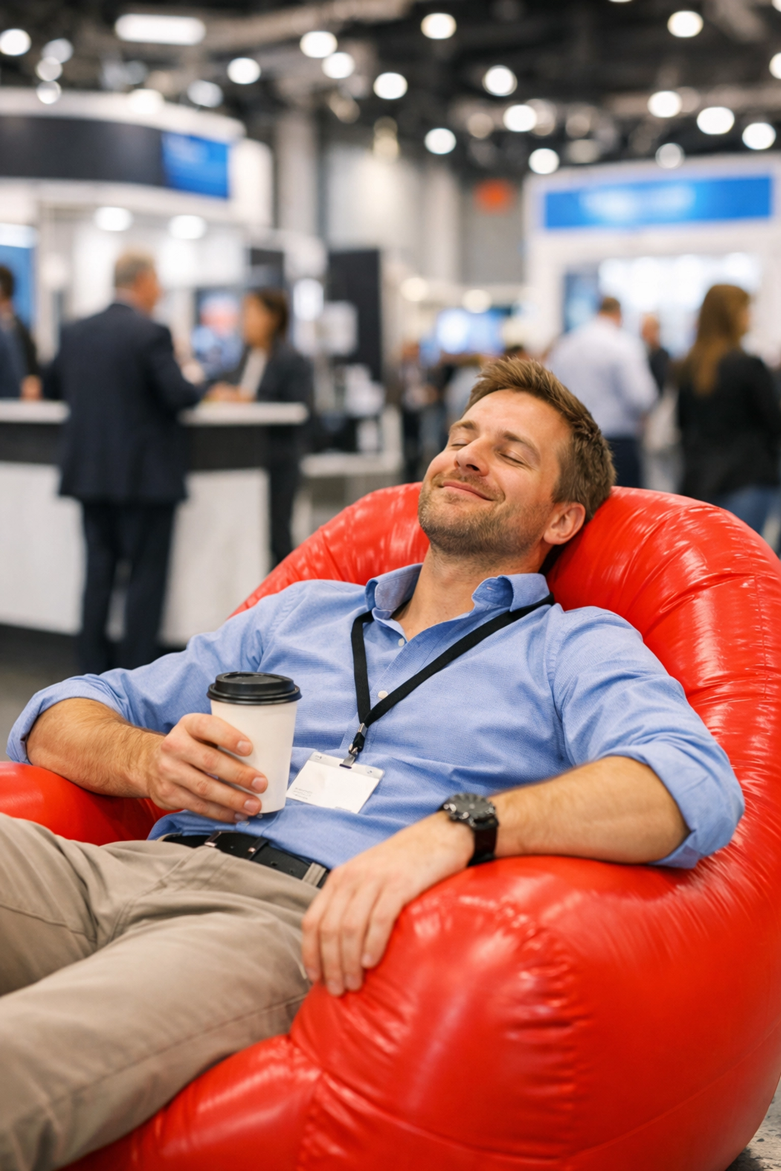 A trade show attendee relaxing in a comfortable inflatable chair red at a busy convention.