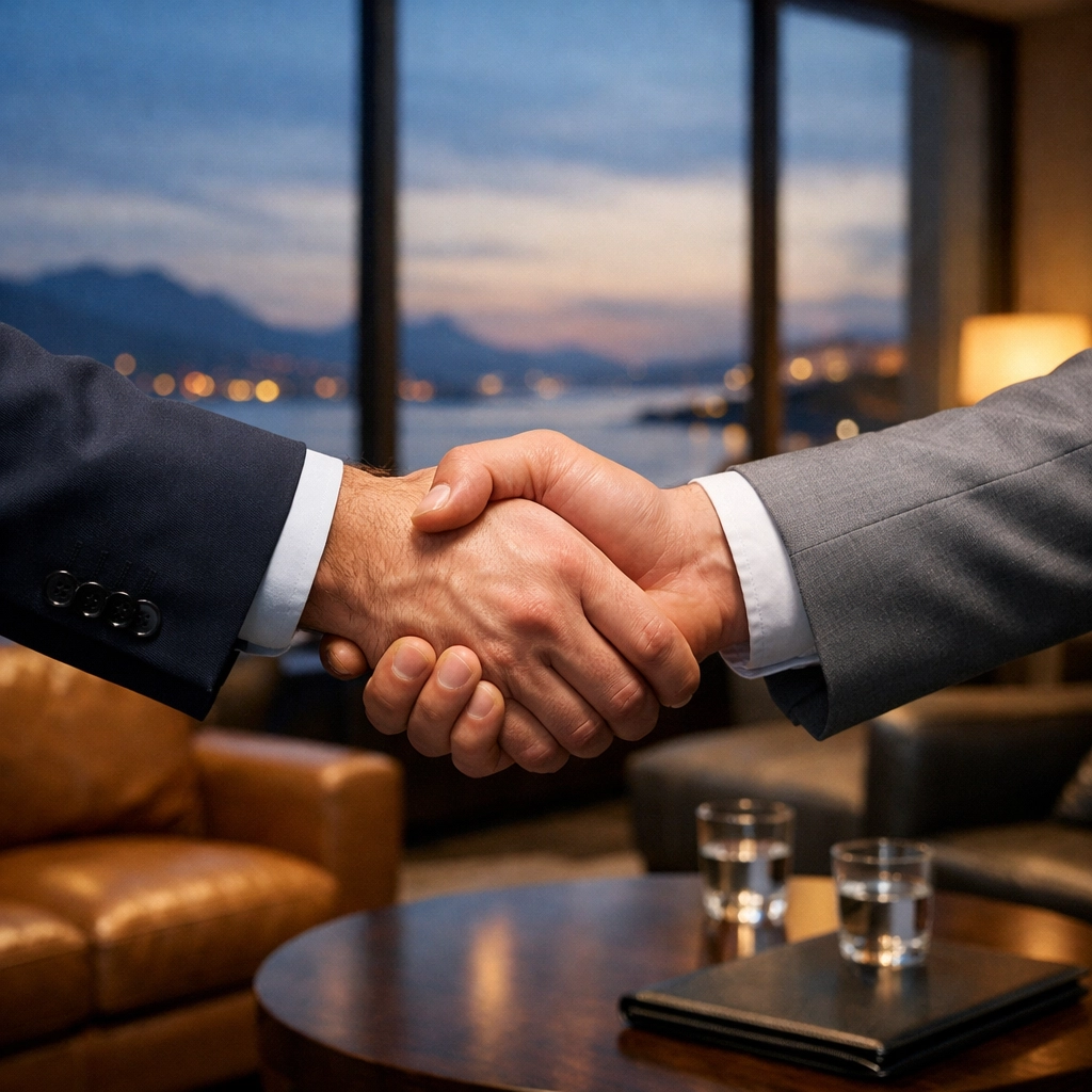 Professional handshake between a buyer and seller during a regional Mississippi business transition.