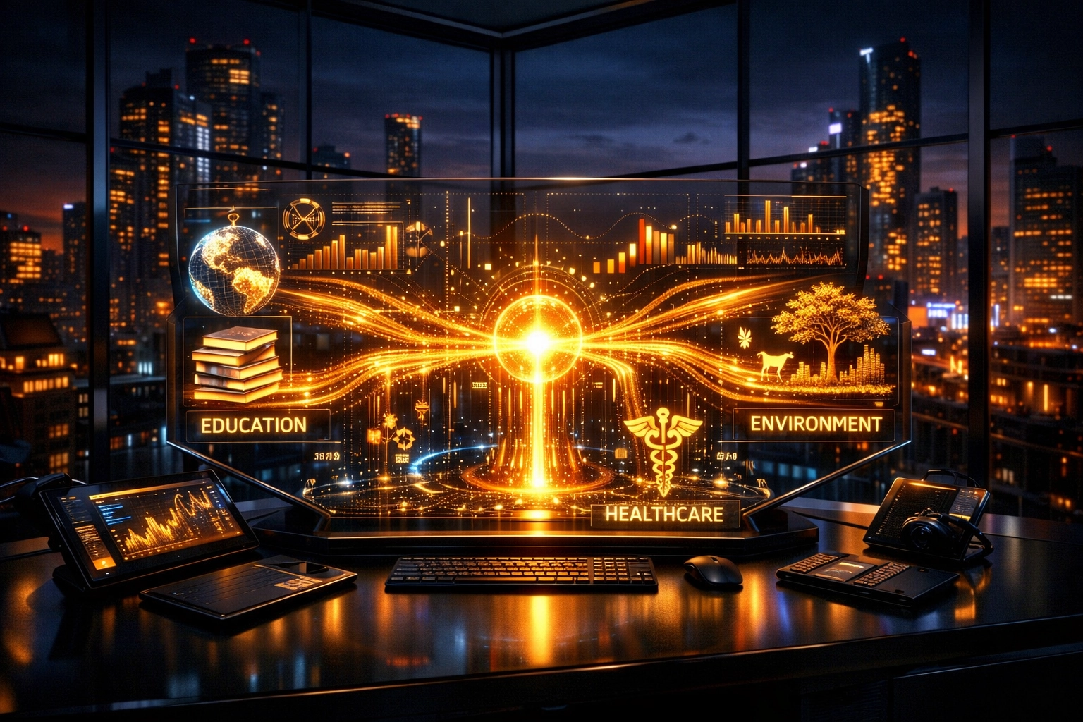 Futuristic digital interface showing merchant data and Larecoin wallet funds supporting global charity projects.