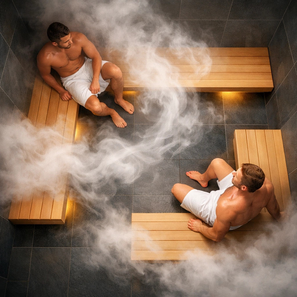 Overhead view showing respectful spacing in gay gym steam room