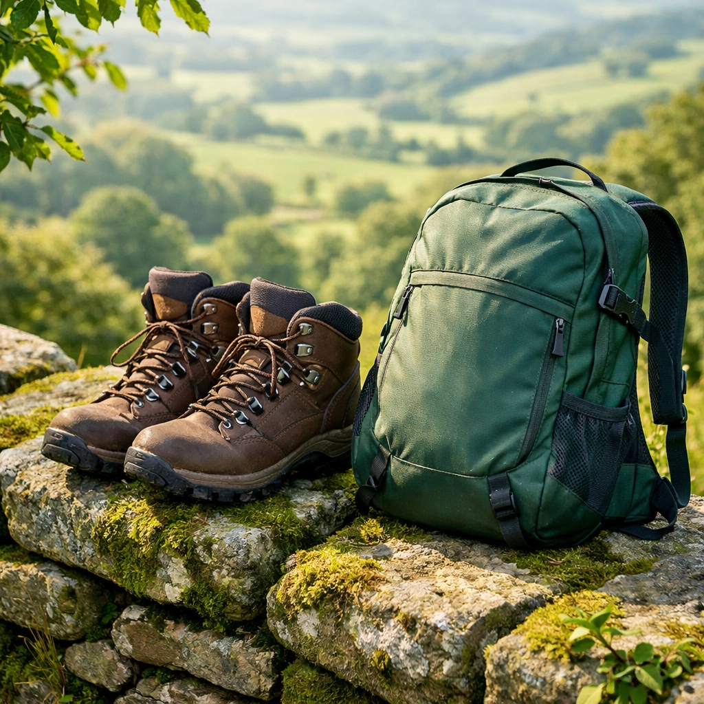 Essential gear including leather hiking boots and a green daypack for guided hiking tours in the UK.