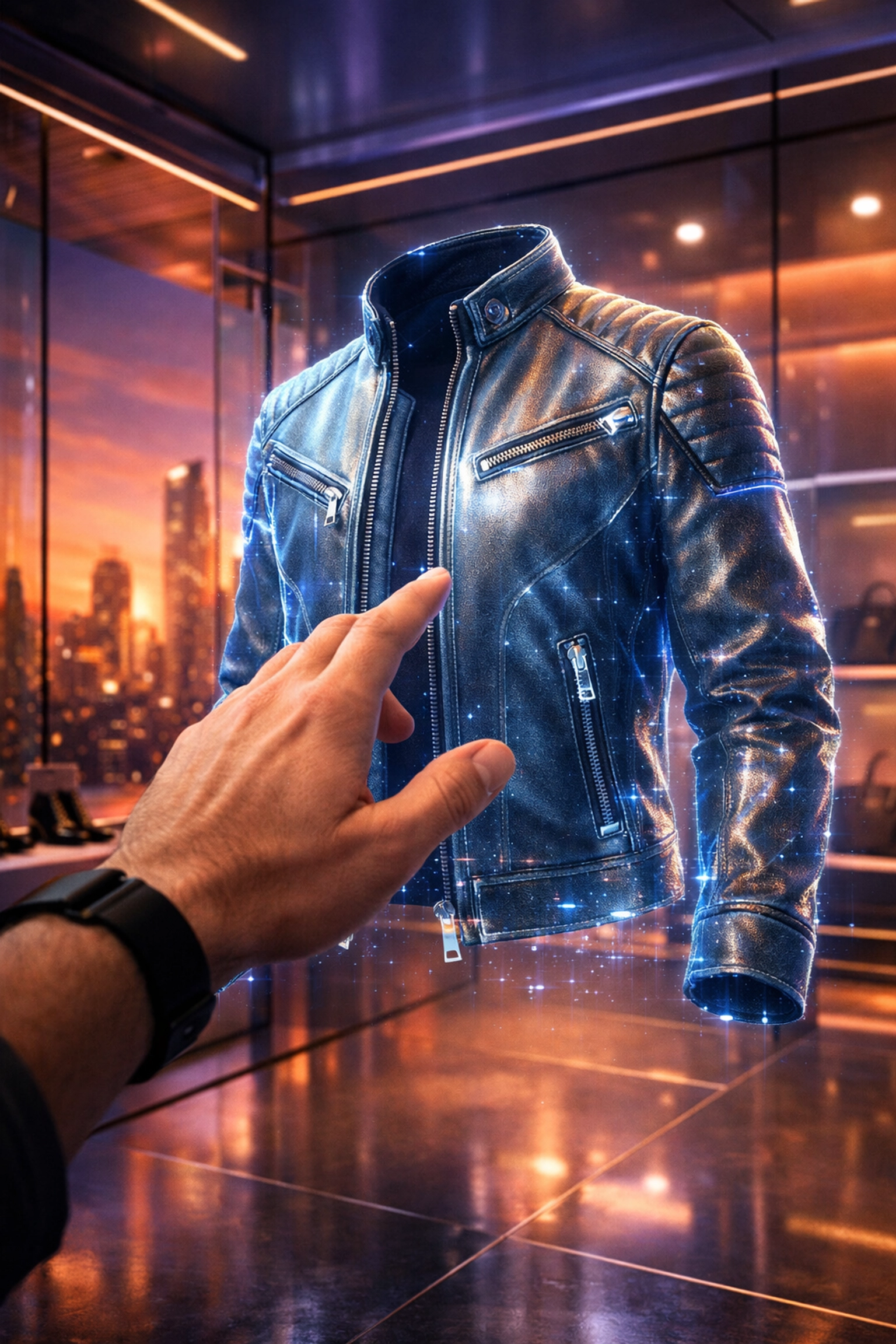 User interacting with a holographic product inside an immersive AI-powered metaverse shopping boutique.