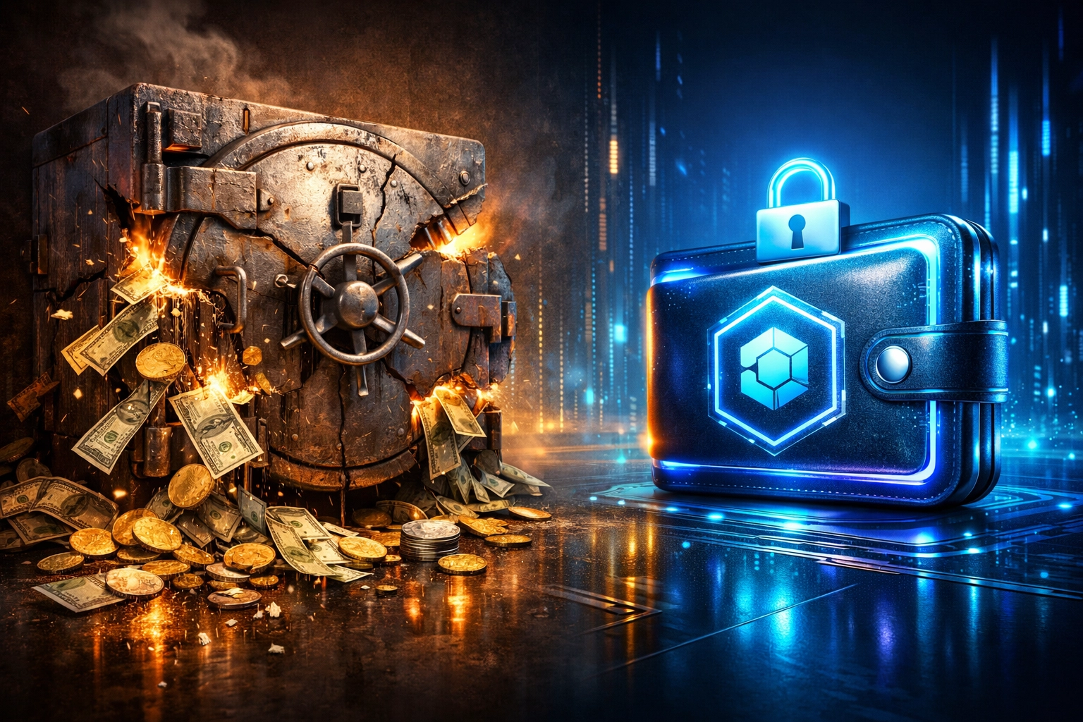 Traditional crypto processor vault leaking fees versus secure Web3 wallet for payment savings