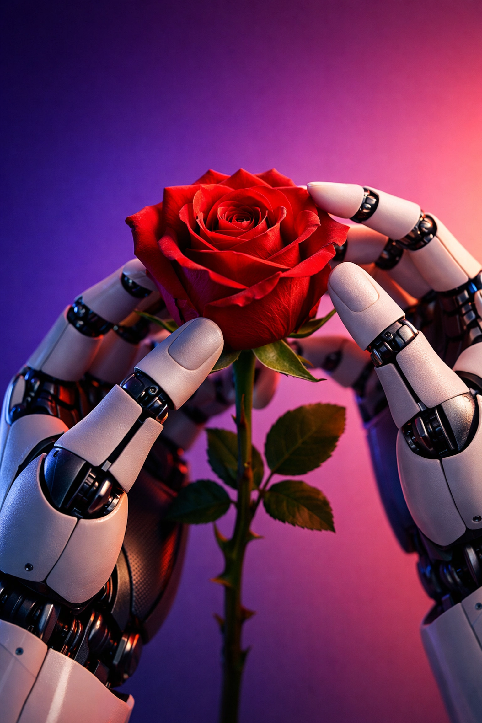 Lifelike robotic hands holding rose, symbolizing AI companion emotional connection and tenderness
