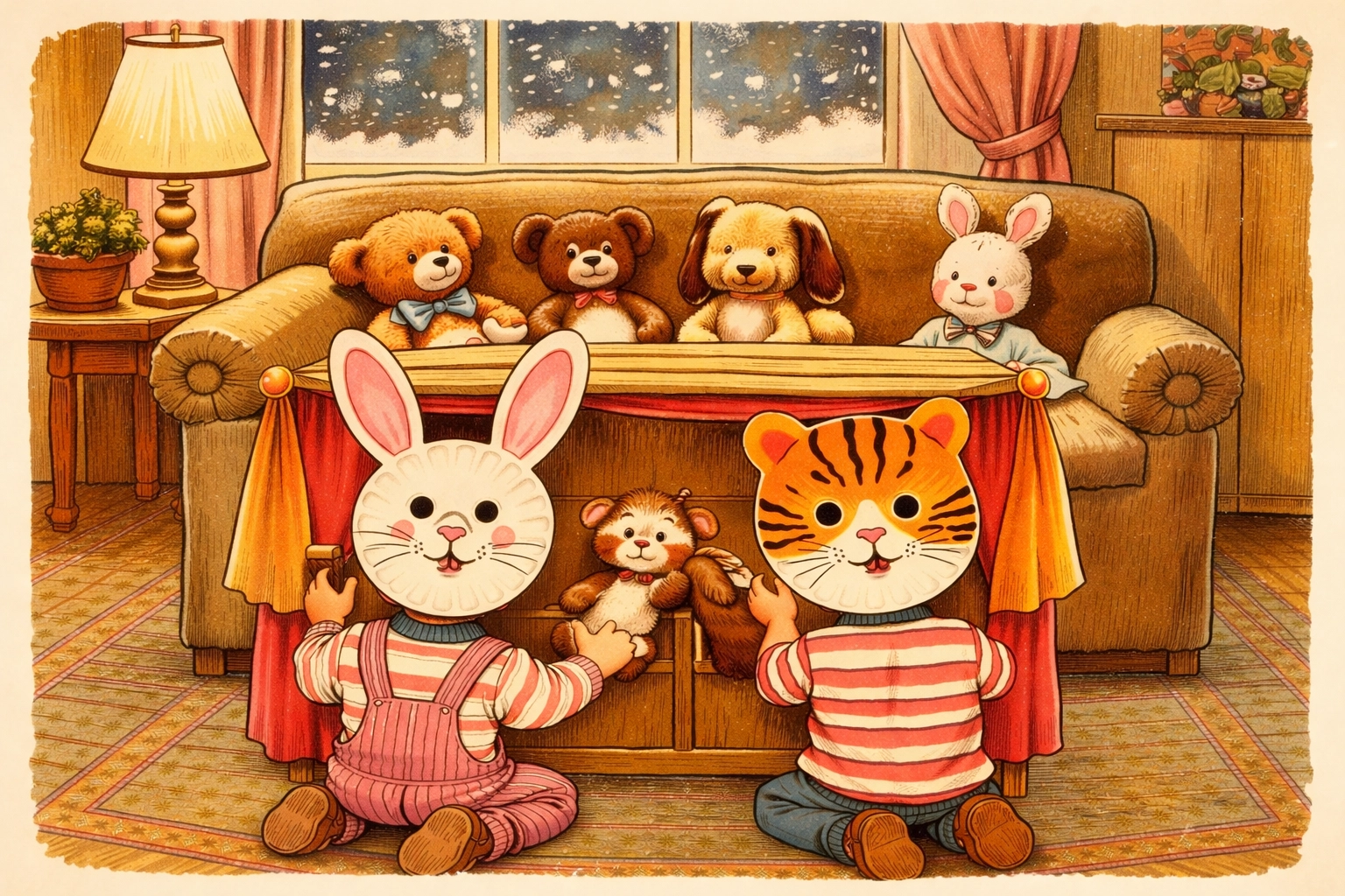 Children wearing paper plate animal masks perform a playful living room puppet show on a snowy day indoors