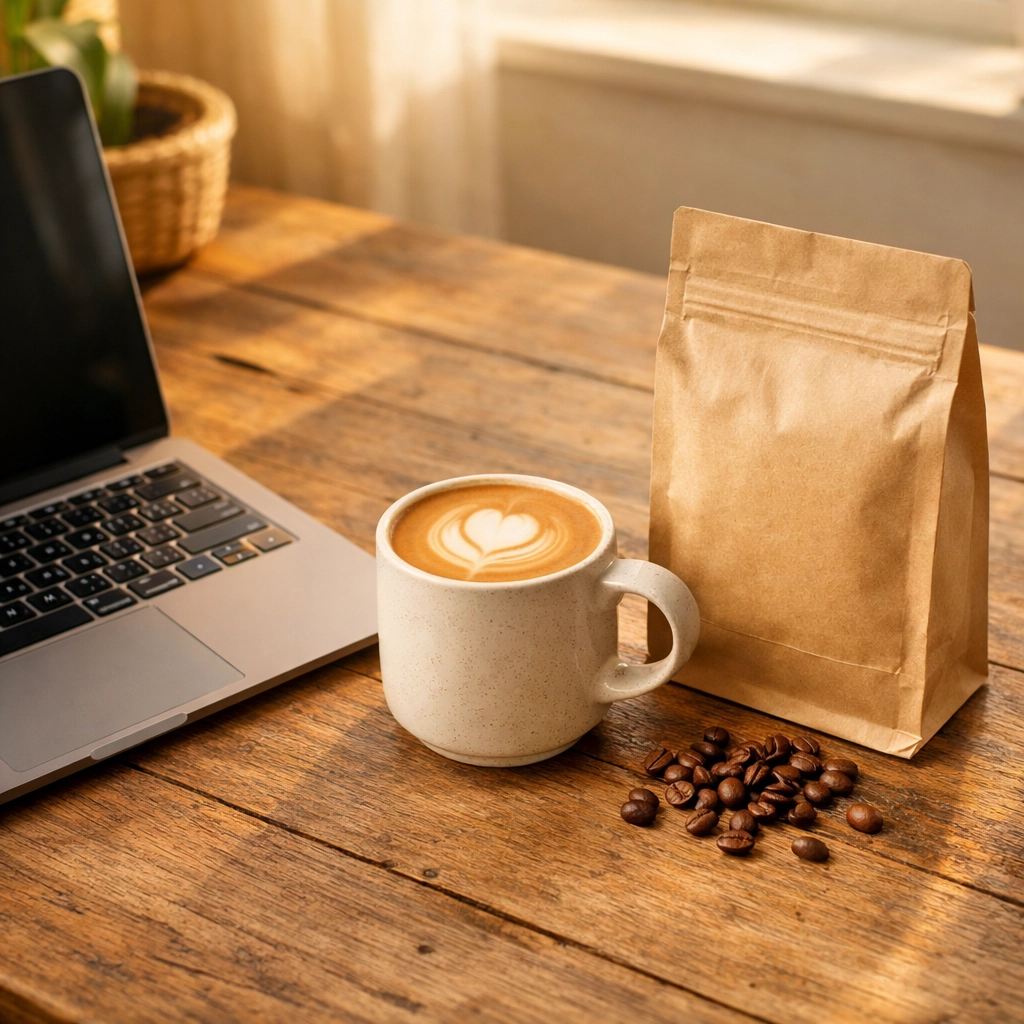 Laptop and fresh coffee on a sunlit desk, representing a UK speciality coffee dropshipping business.