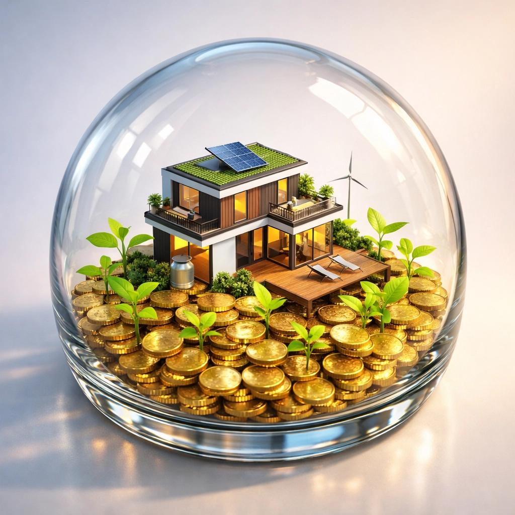 A miniature house inside a glass jar with growing plants and gold coins representing financial goals.