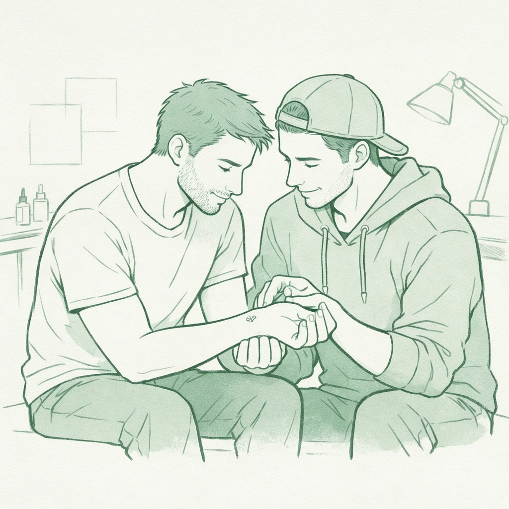 Gay couple sharing intimate moment examining small minimalist wrist tattoo design
