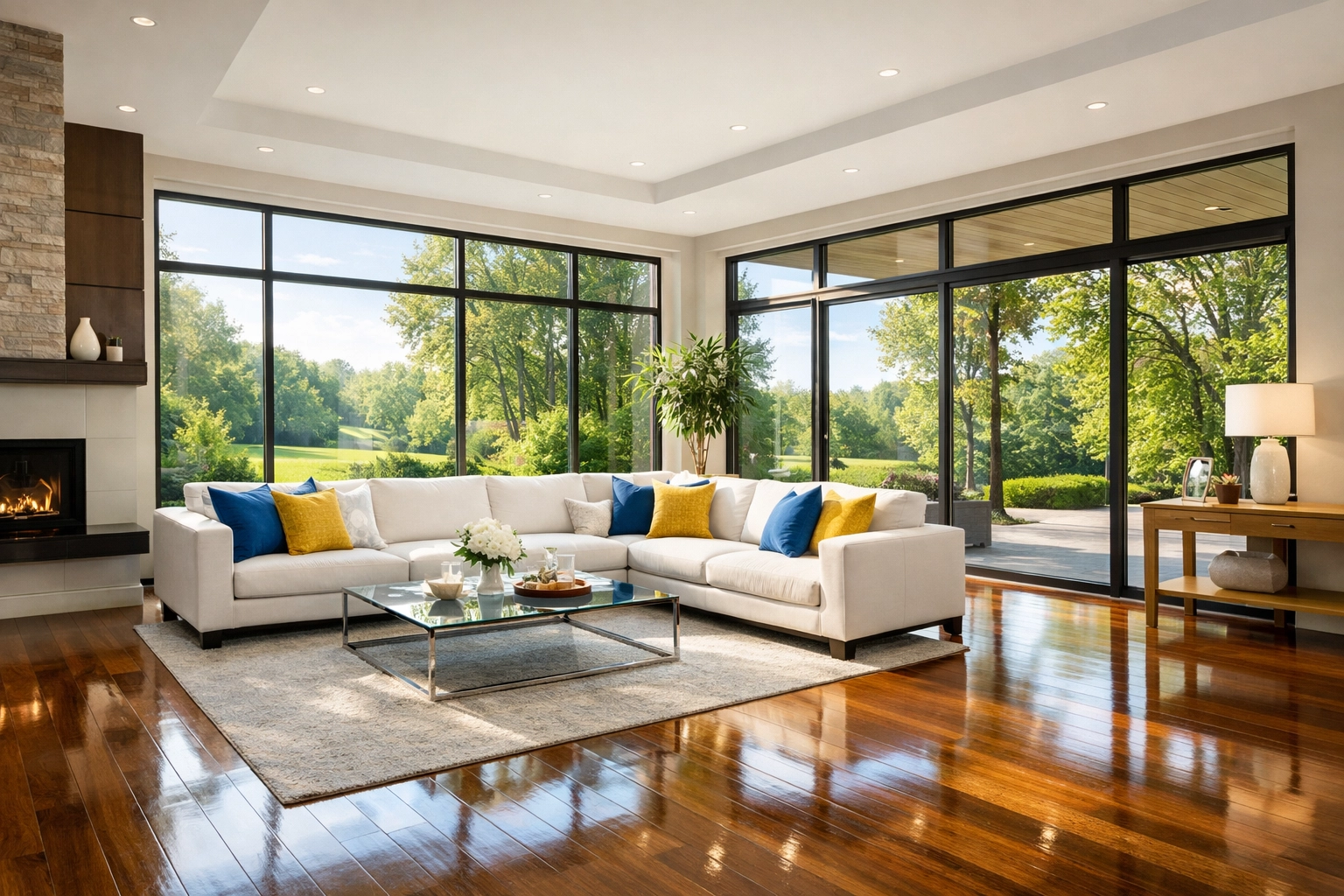 Sun-drenched modern living room in Montgomery, MA, kept guest-ready with weekly house cleaning services.