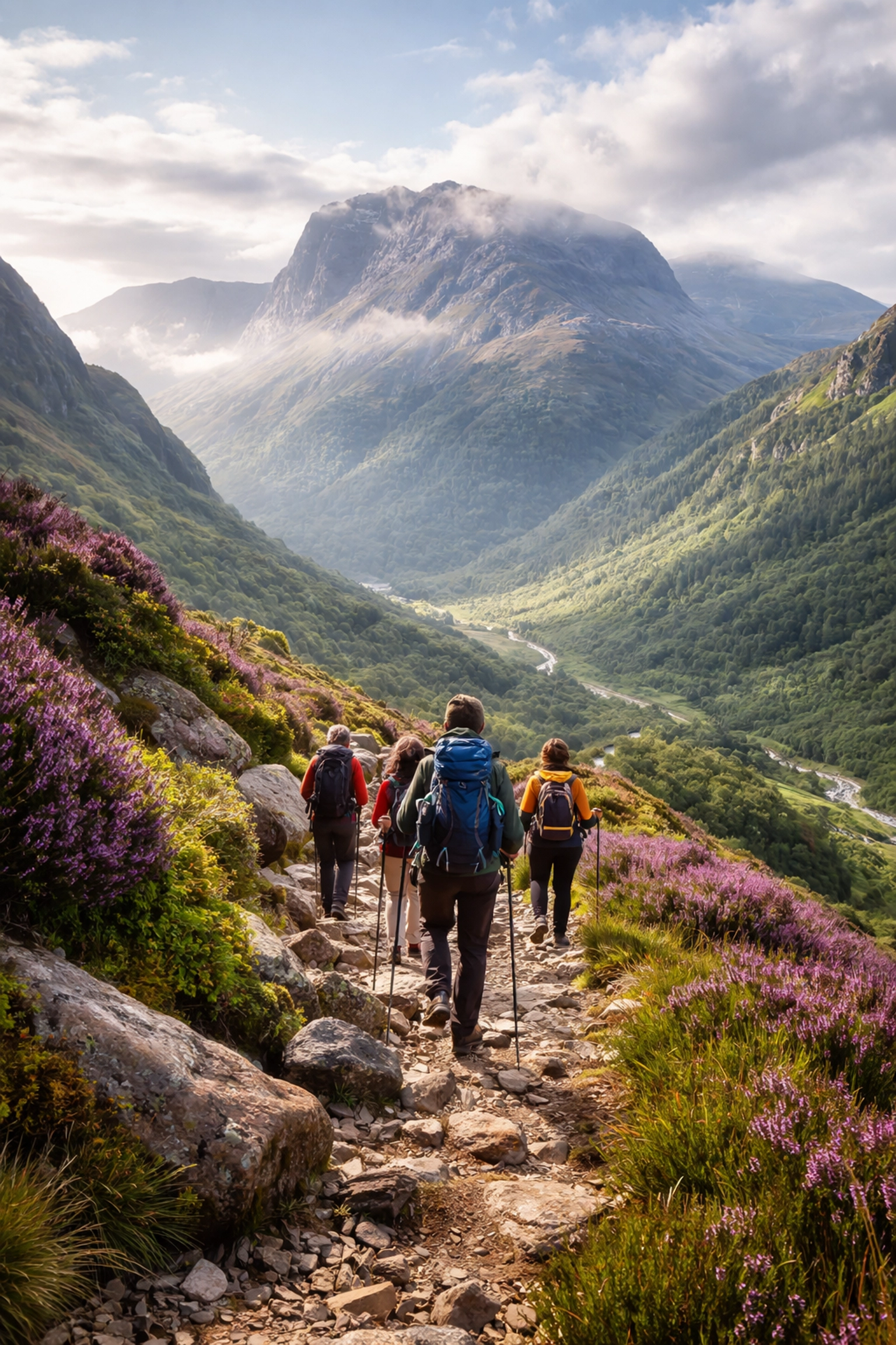 Hikers ascending a rugged trail on Ben Nevis during a guided tour in the Scottish Highlands.