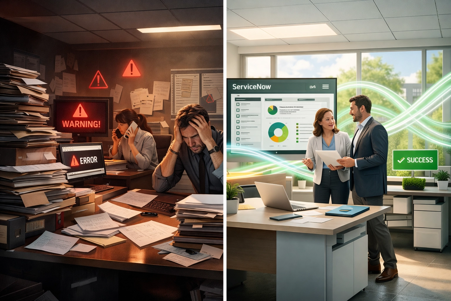 Traditional manual compliance vs automated ServiceNow GRC workflow efficiency comparison