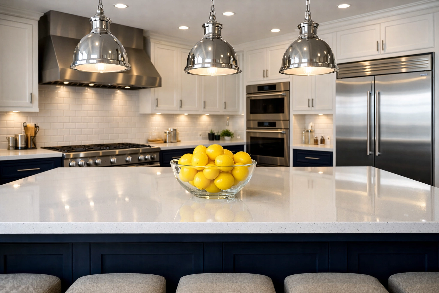 Luxury Andover kitchen with pristine quartz countertops after high-end professional cleaning in Andover.