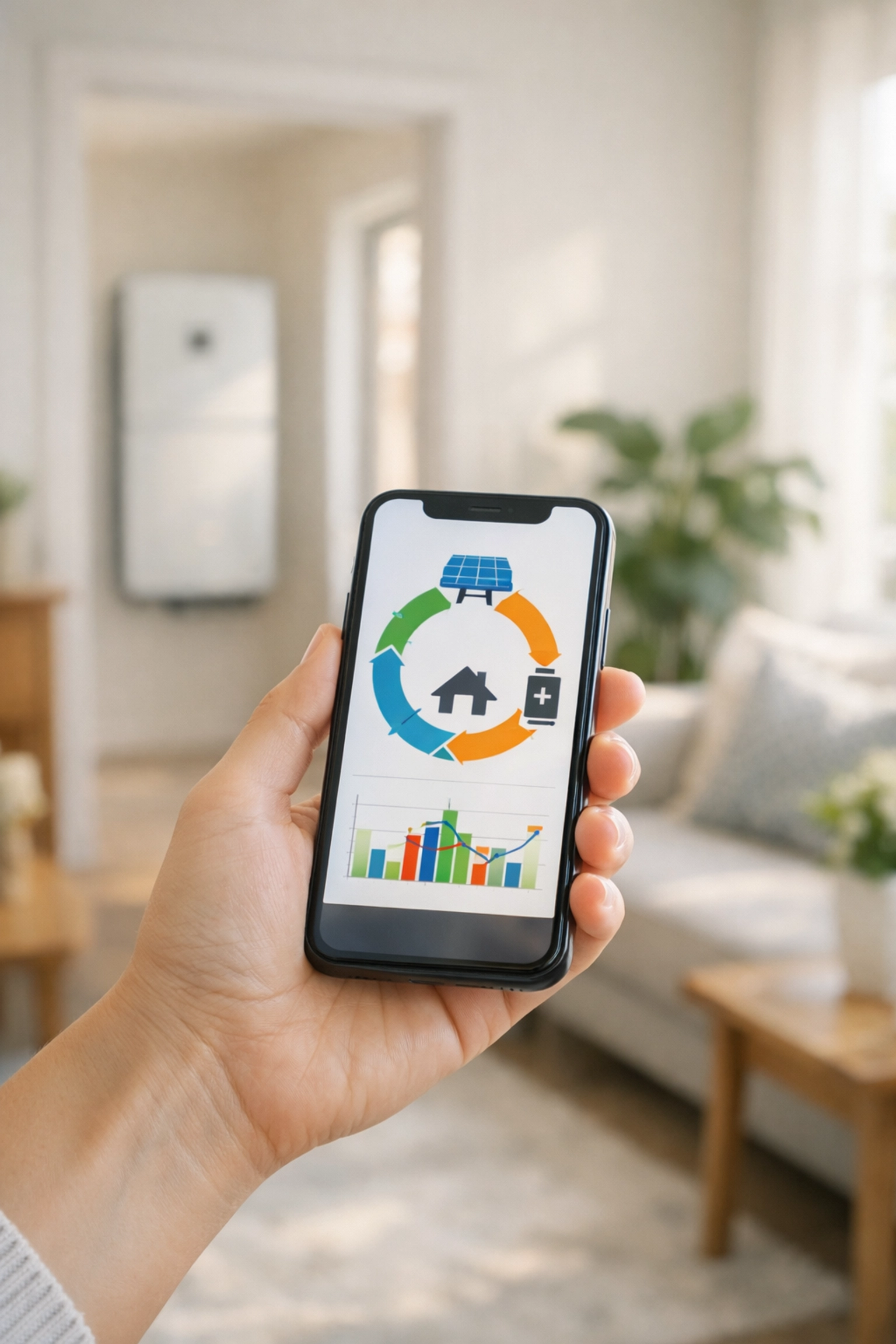 Homeowner using a smartphone app to monitor solar energy and smart battery storage tariffs.