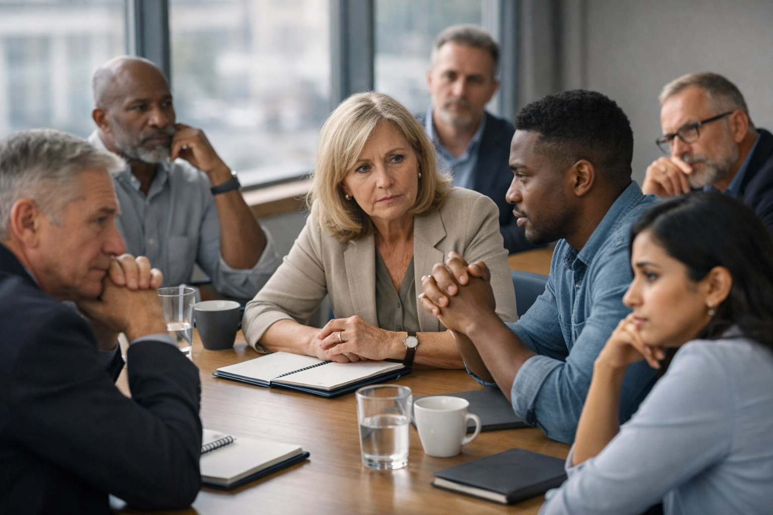 Diverse team meeting showing workplace psychological safety concerns and thoughtful discussion