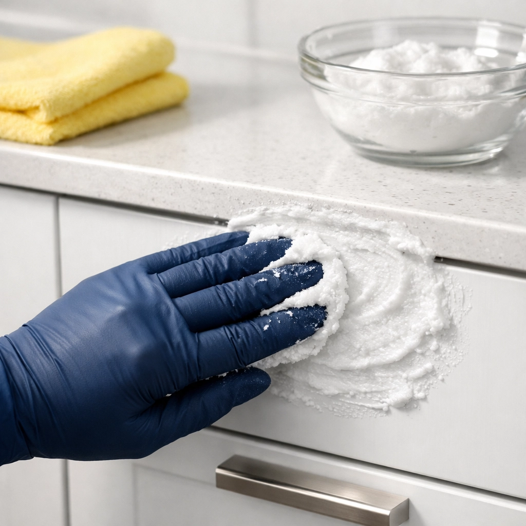 Professional hand applying a natural baking soda scrub to degrease kitchen cabinets in a Leominster apartment.