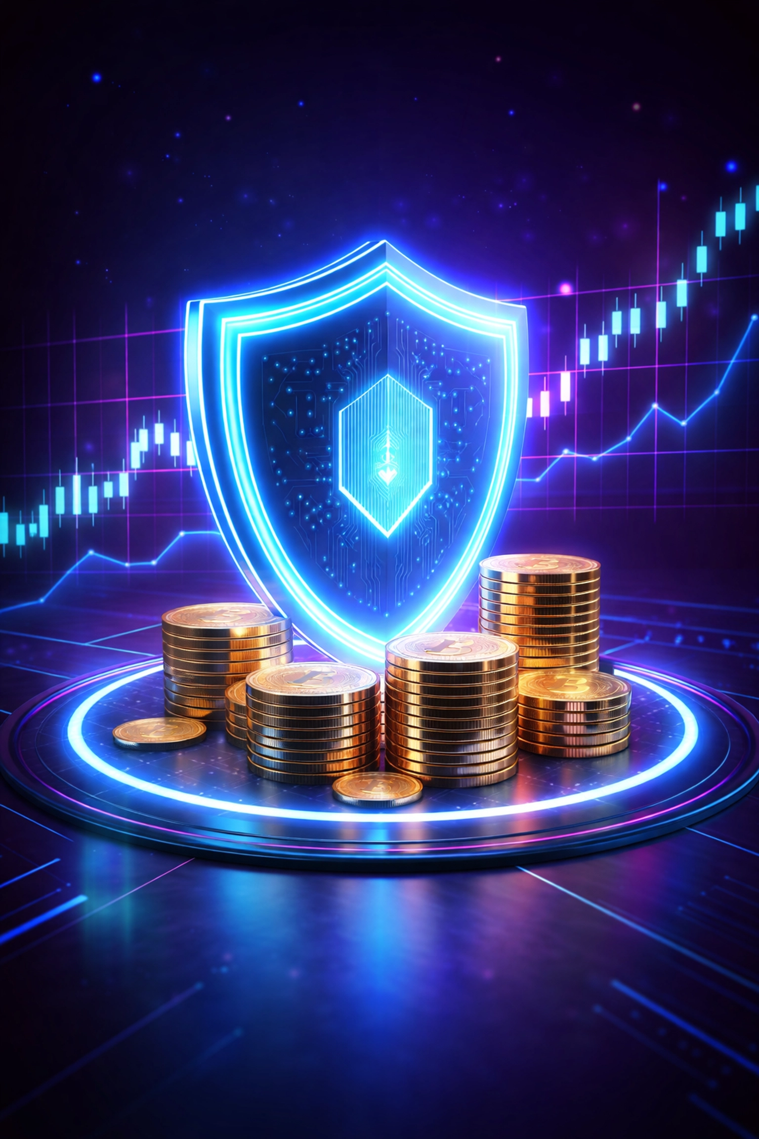 Glowing shield guarding cryptocurrency coins symbolizes LUSD stablecoin volatility protection for merchants.