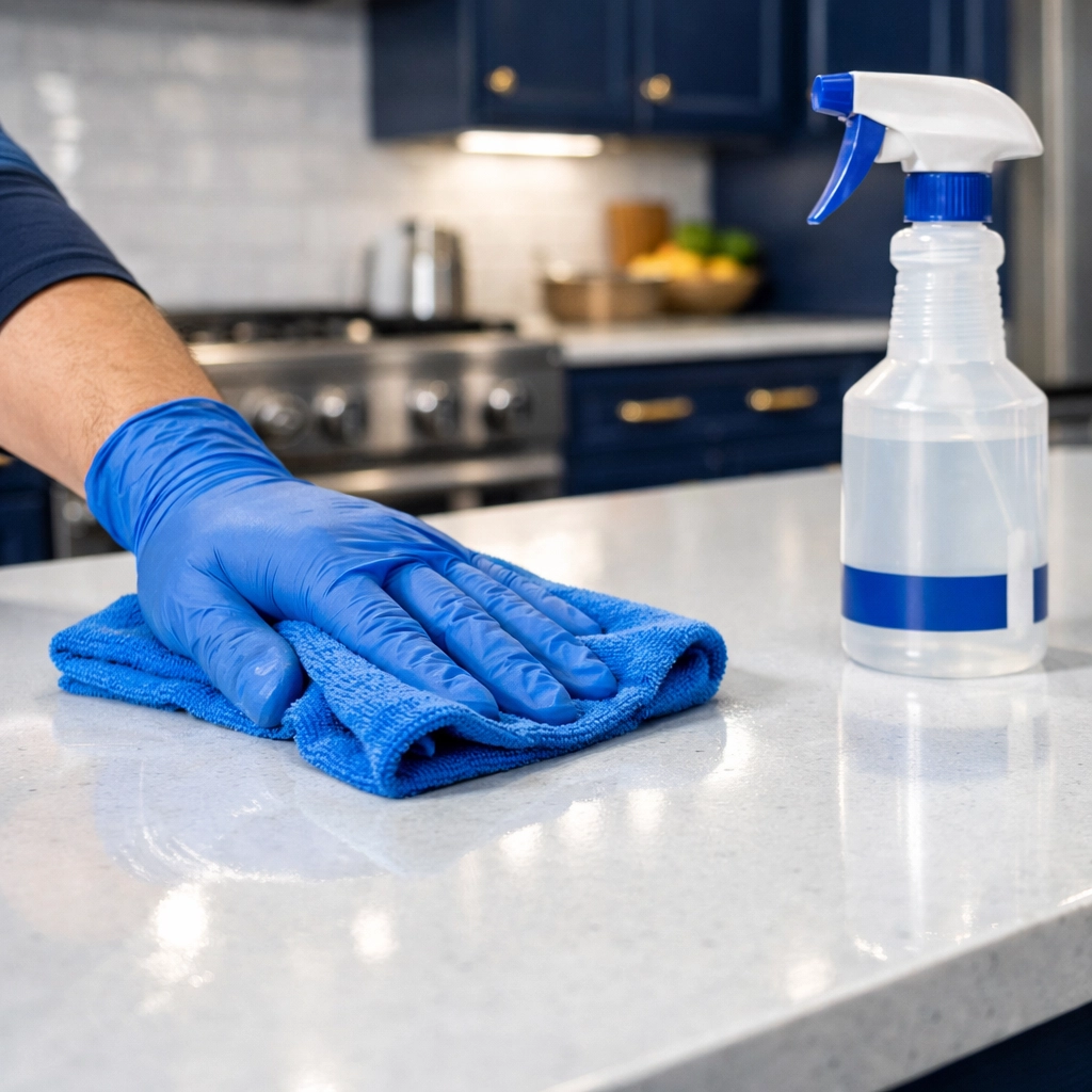 Professional house cleaning Lowell MA expert sanitizing a white kitchen countertop with a cloth.