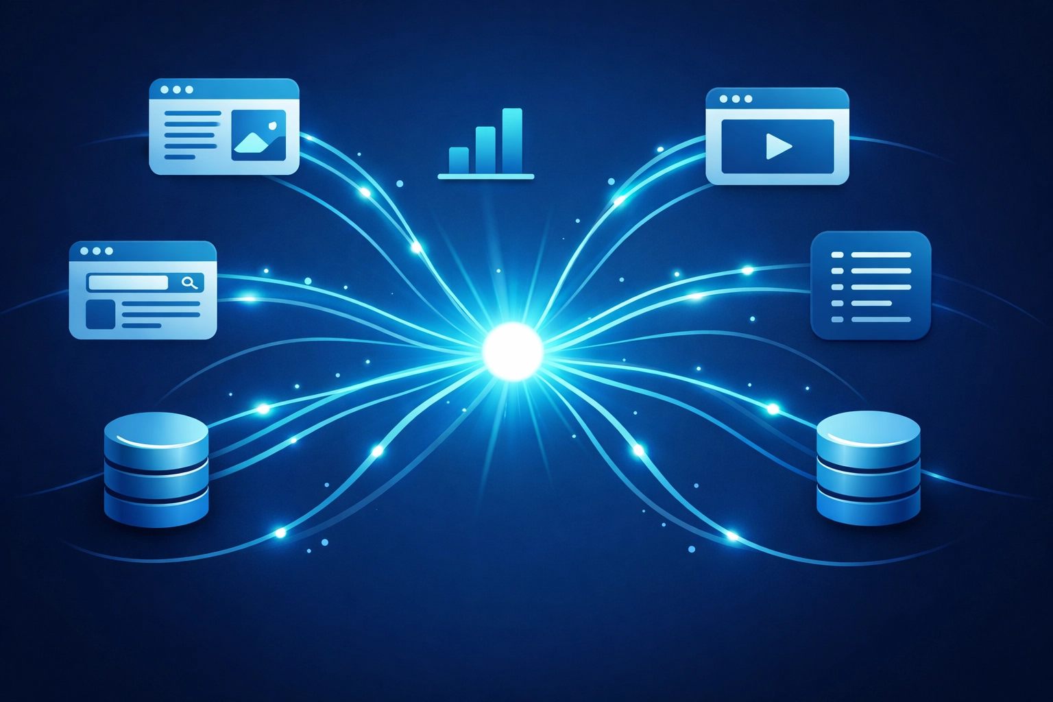 A visualization of RAG AI search engines retrieving live web data for real-time citations.