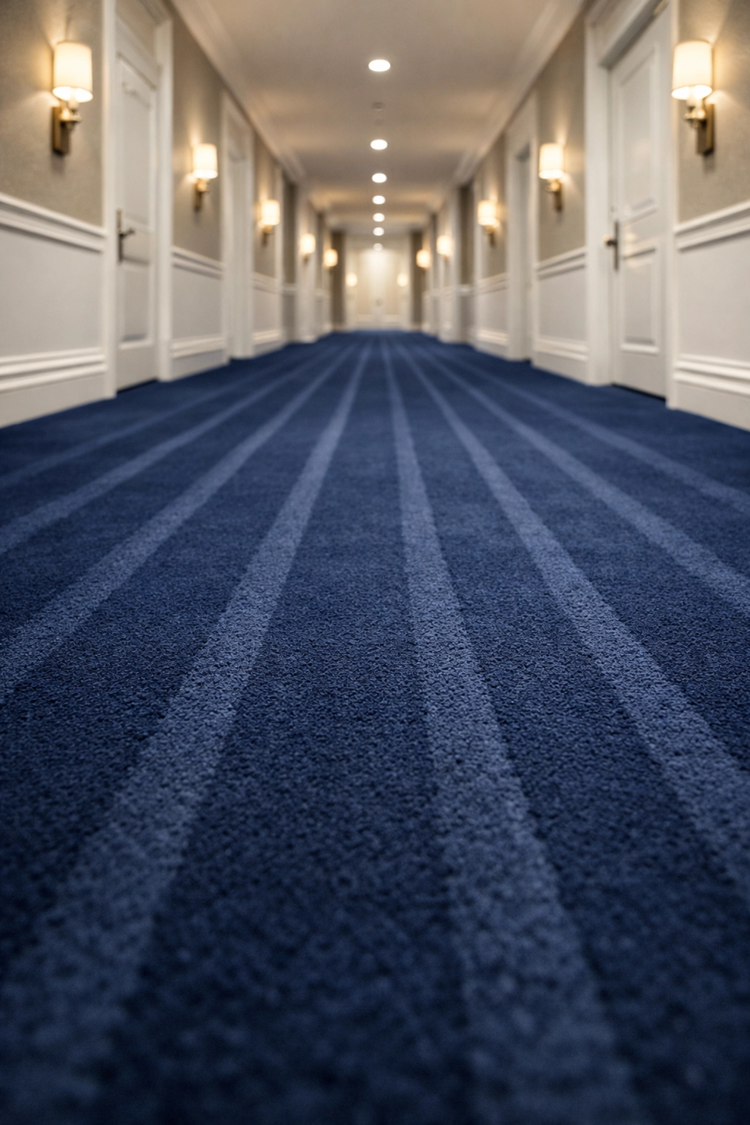 Meticulously vacuumed hotel corridor carpet maintained by an expert commercial cleaning company.