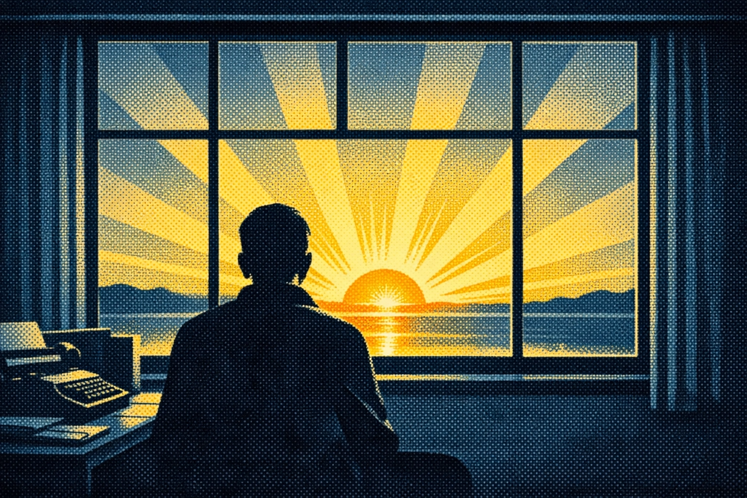 A person watching a sunrise, symbolizing hope and clarity after the restoration of sight.