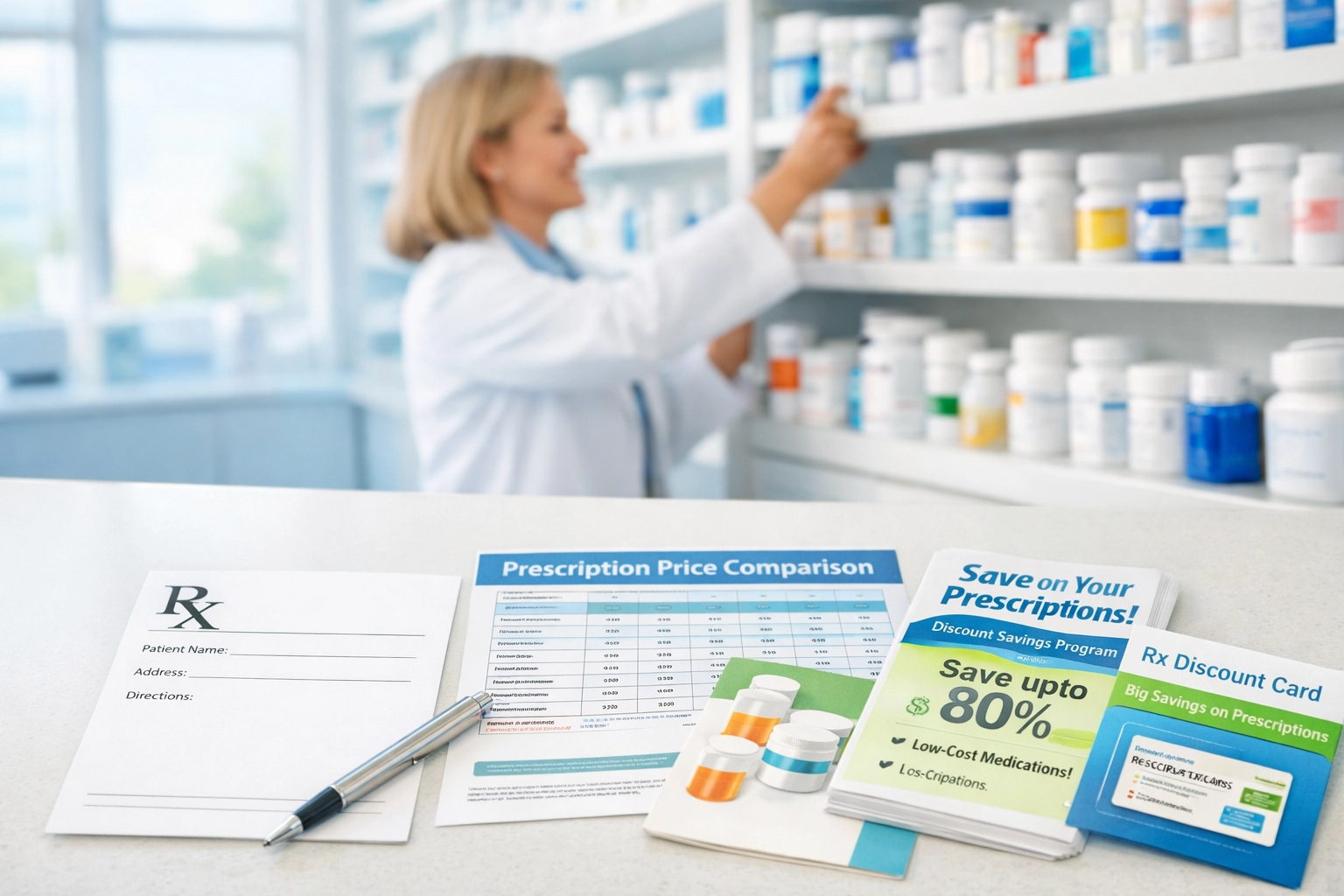 Pharmacy counter with Wegovy Zepbound prescription and price comparison information