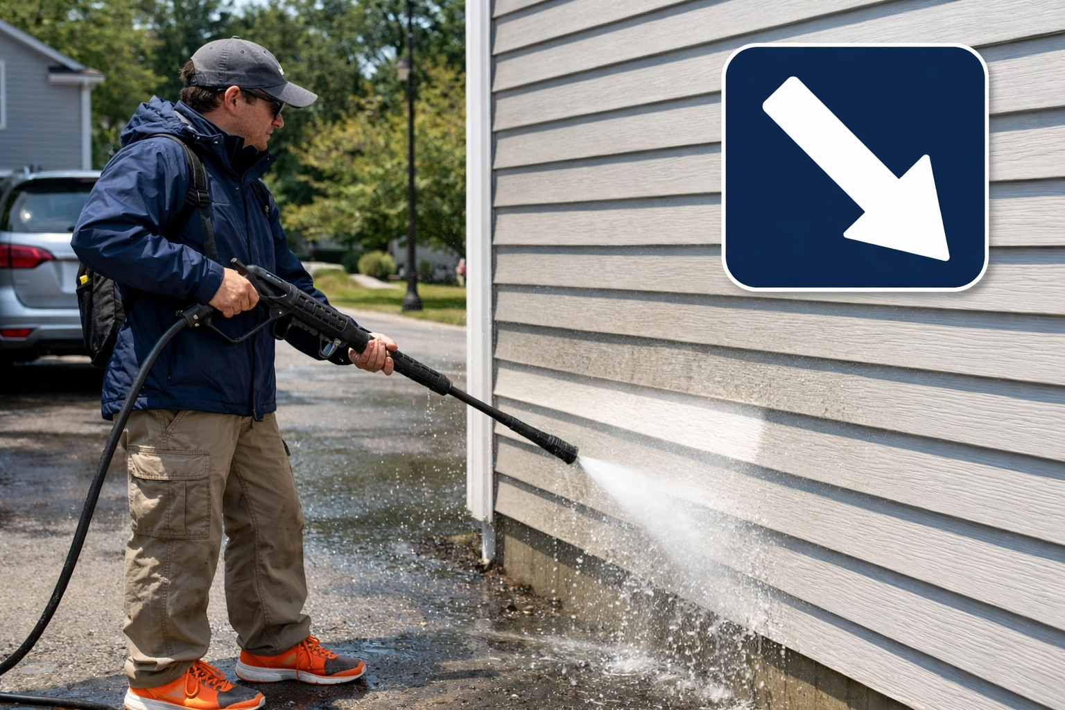 Cleaning vinyl siding with a pressure washer held at a downward angle to prevent home water damage.