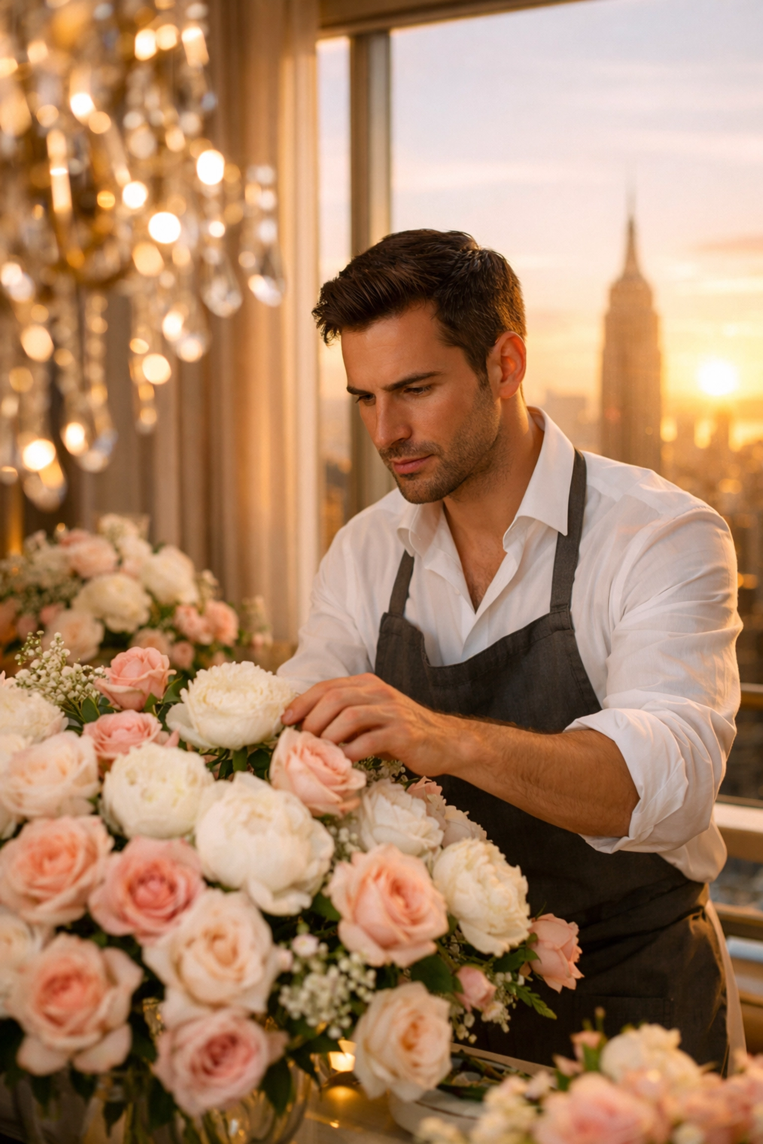 Gay florist arranging romantic peonies and roses in luxury Manhattan penthouse at golden hour
