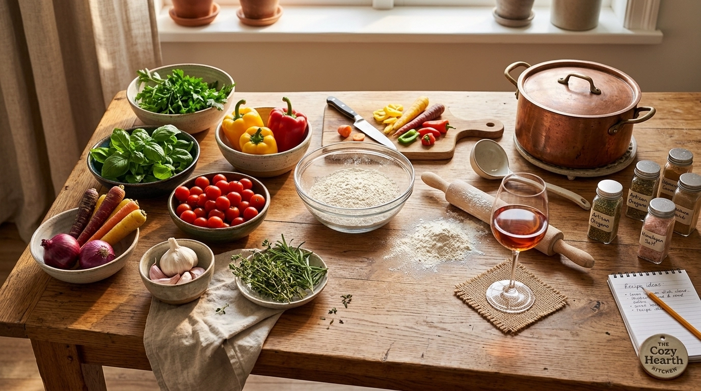 A vibrant overhead shot of a rustic kitchen table filled with fresh ingredients like colorful vegetables, flour dusting, and herbs, representing home-based culinary entrepreneurship.