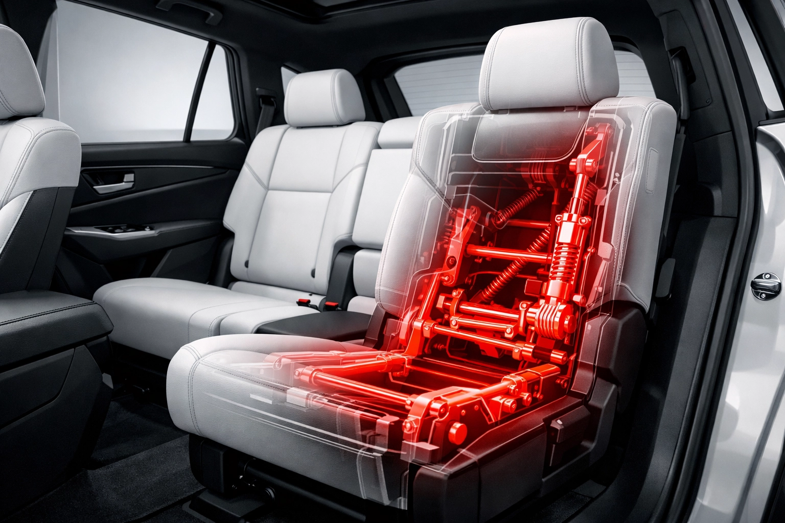 Technical view of a Toyota Highlander second-row seatback mechanism highlighting the recall safety defect.