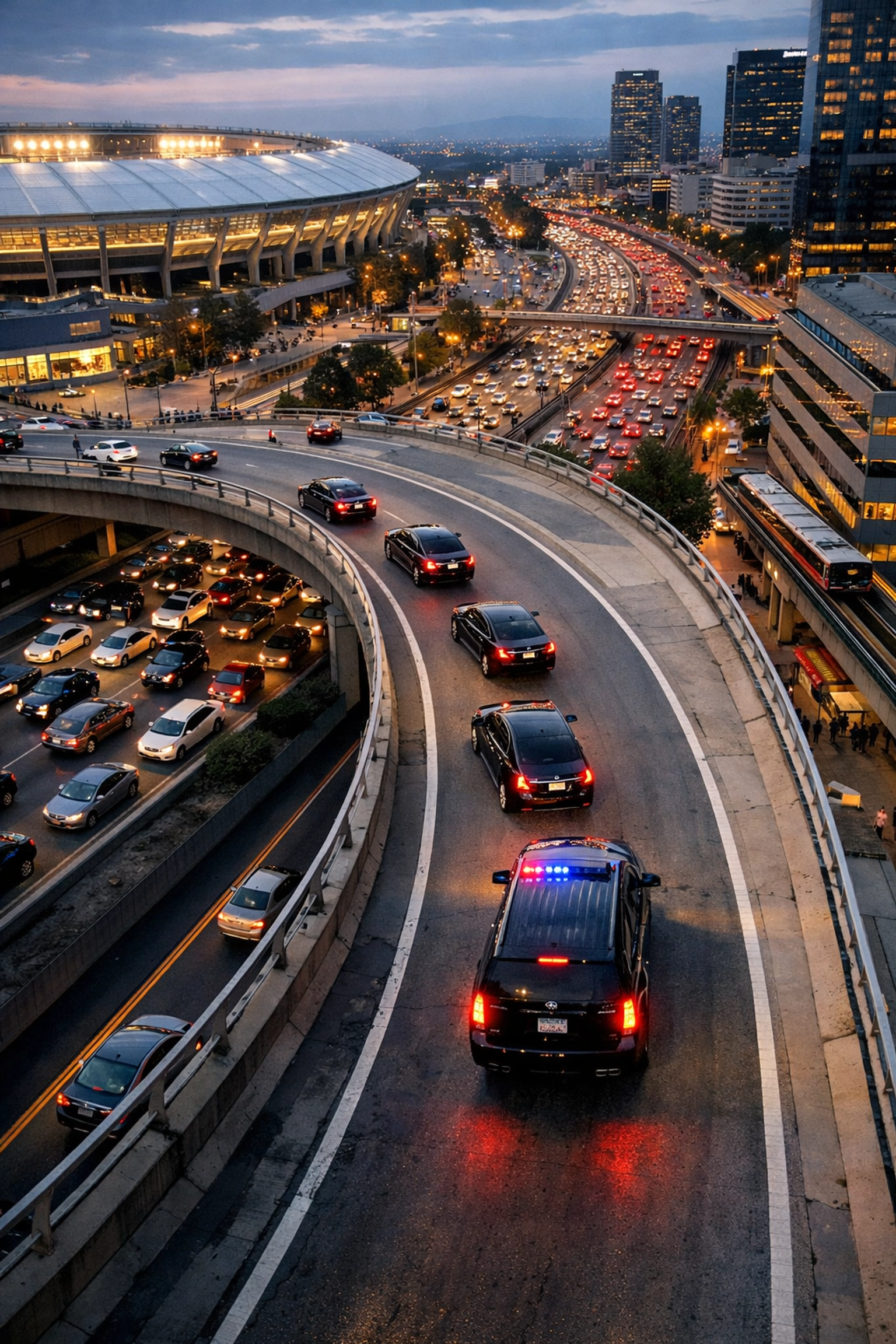 NEWSLETTER: 10 Reasons Your Super Bowl Travel Management Isn't Working (And How VIP Concierge Fixes It) Luxury executive motorcade navigating Super Bowl traffic with strategic route planning