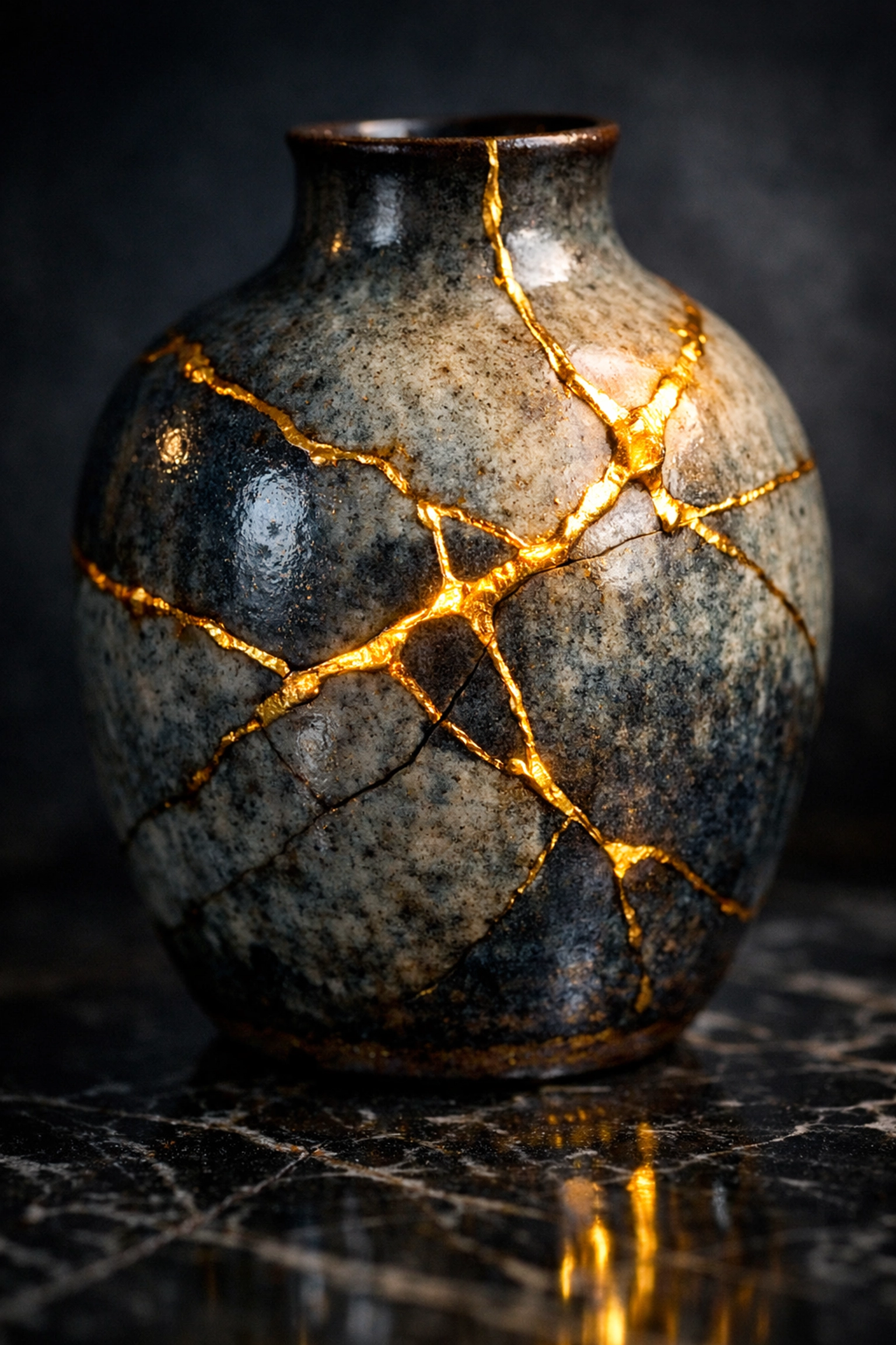 Kintsugi vase mended with gold representing a resilient business mindset transforming failure into strength.