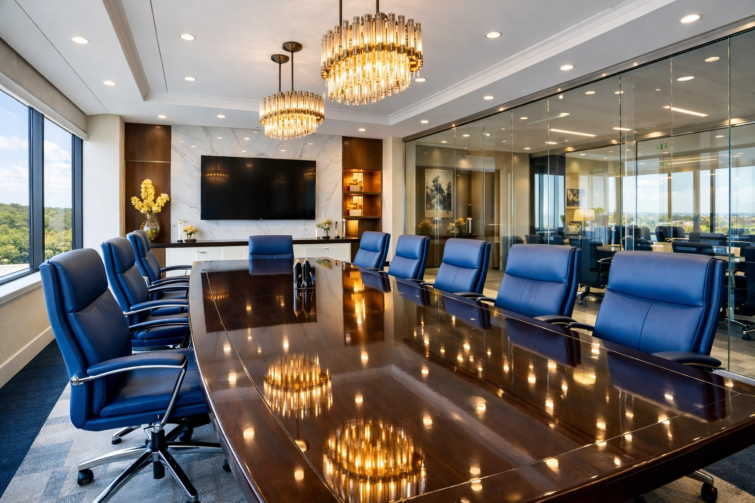 Deep-cleaned conference room in the MetroWest region showing spotless furniture after office cleaning Maynard.