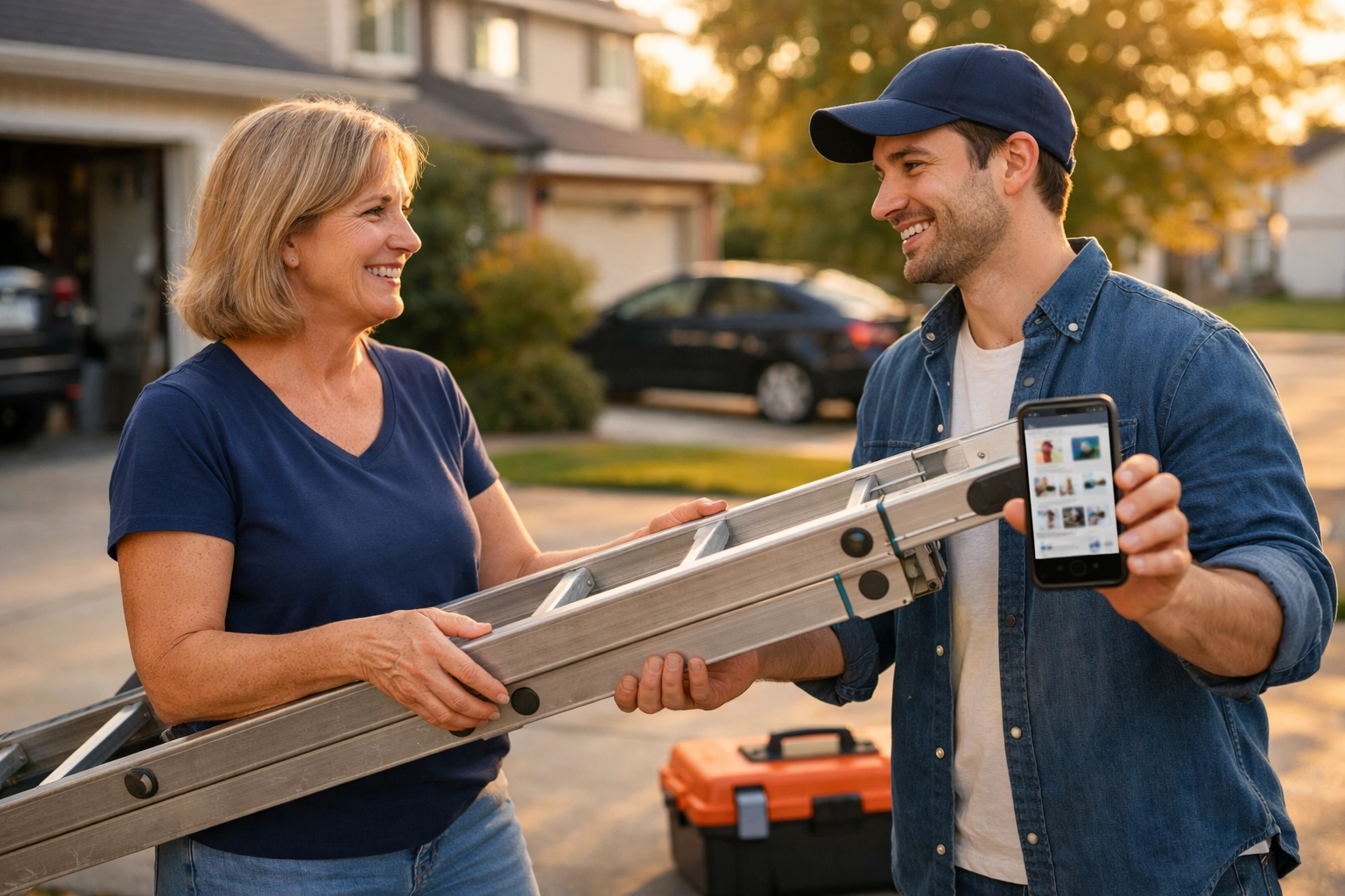 Smiling neighbors exchanging ladder in driveway through peer-to-peer rental app