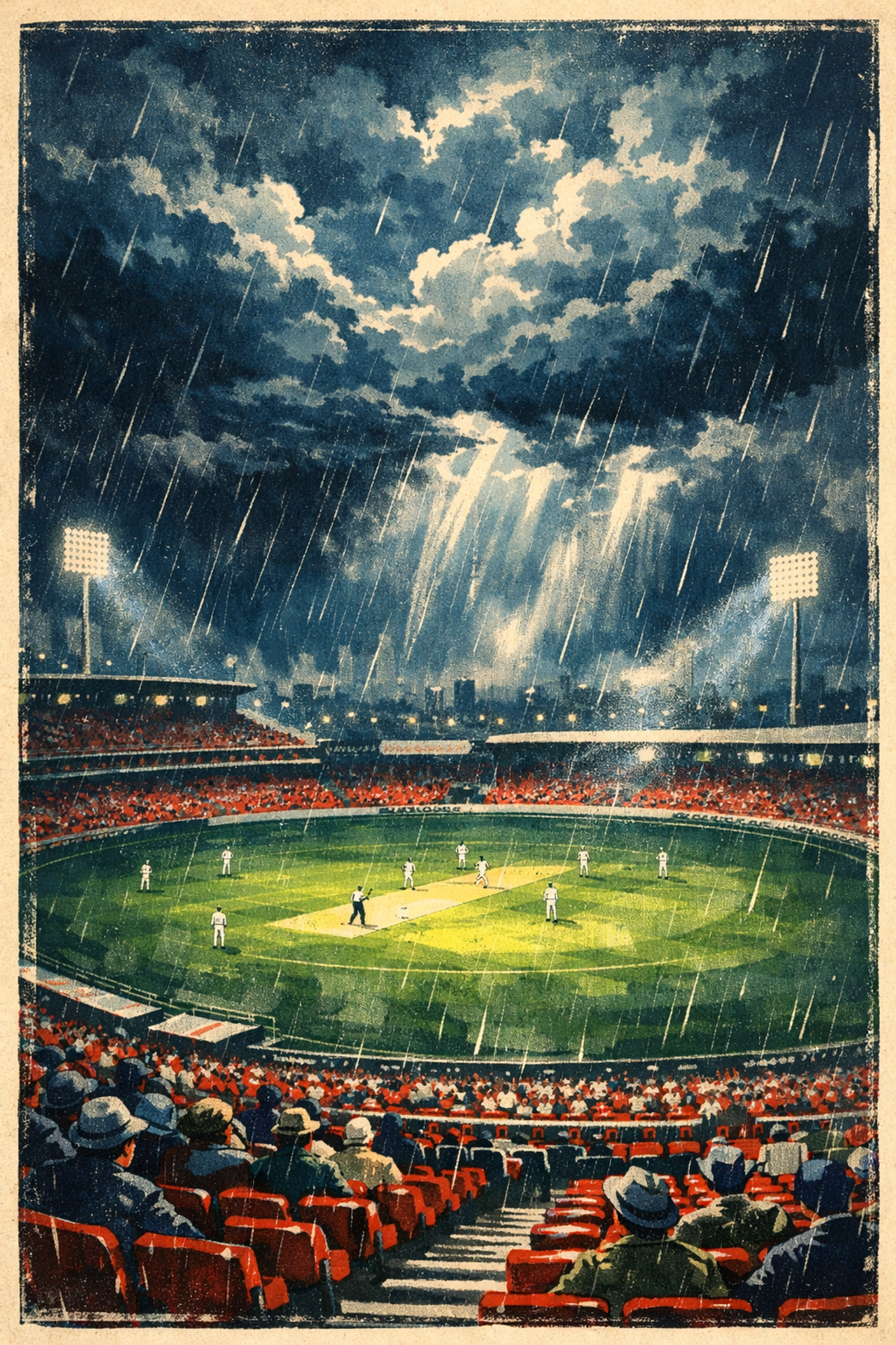 Cricket stadium under dramatic storm clouds during India Pakistan T20 World Cup match