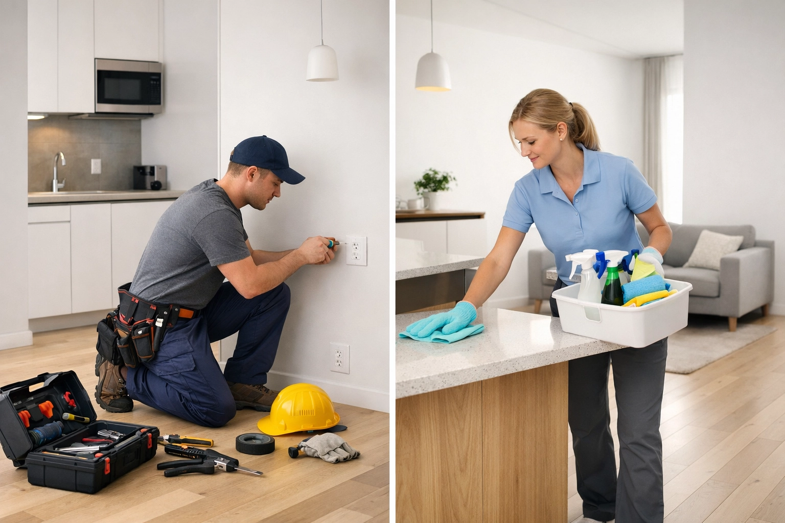 Apartment turnover stages showing maintenance repairs and final make-ready cleaning