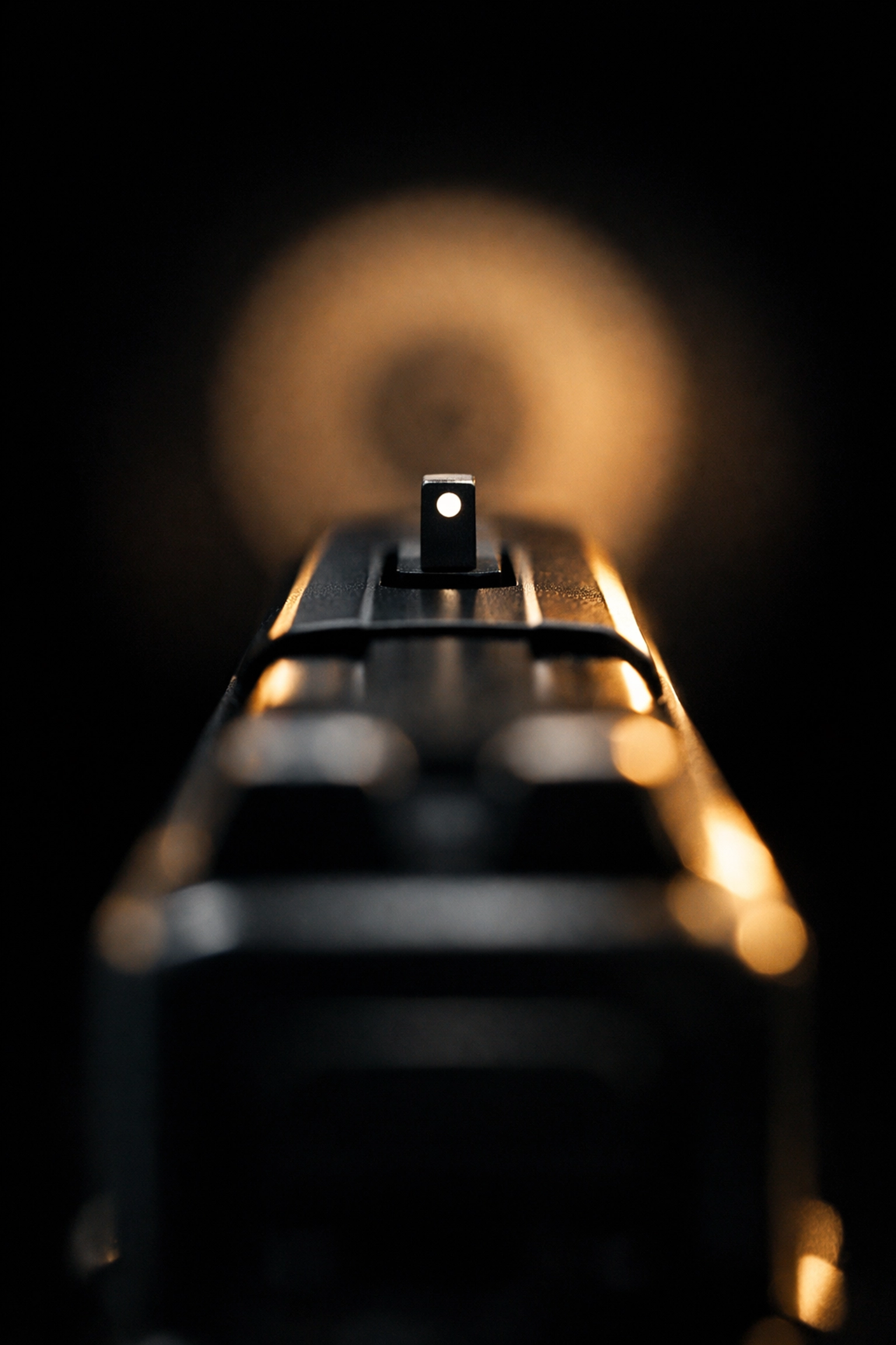 Proper front sight focus and sight alignment on a pistol, a key skill in the NYC firearm safety course.