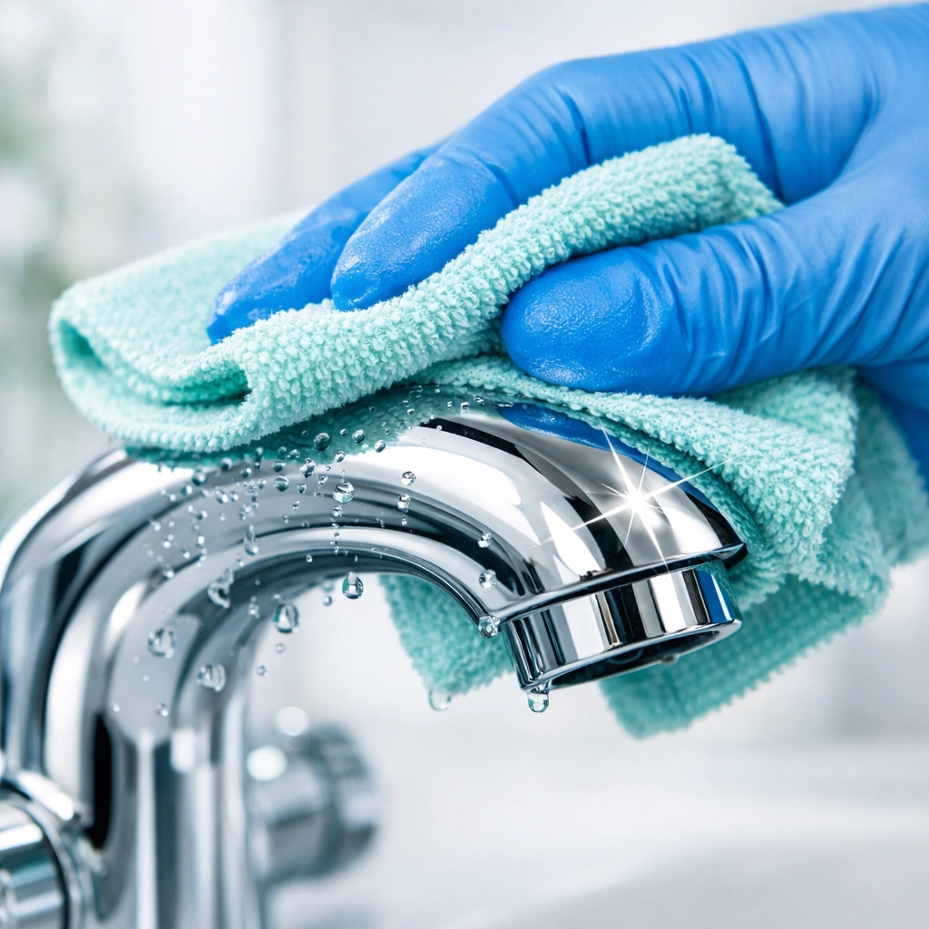 Professional cleaner sanitizing a bathroom faucet in a Kissimmee Airbnb to healthcare-level standards.