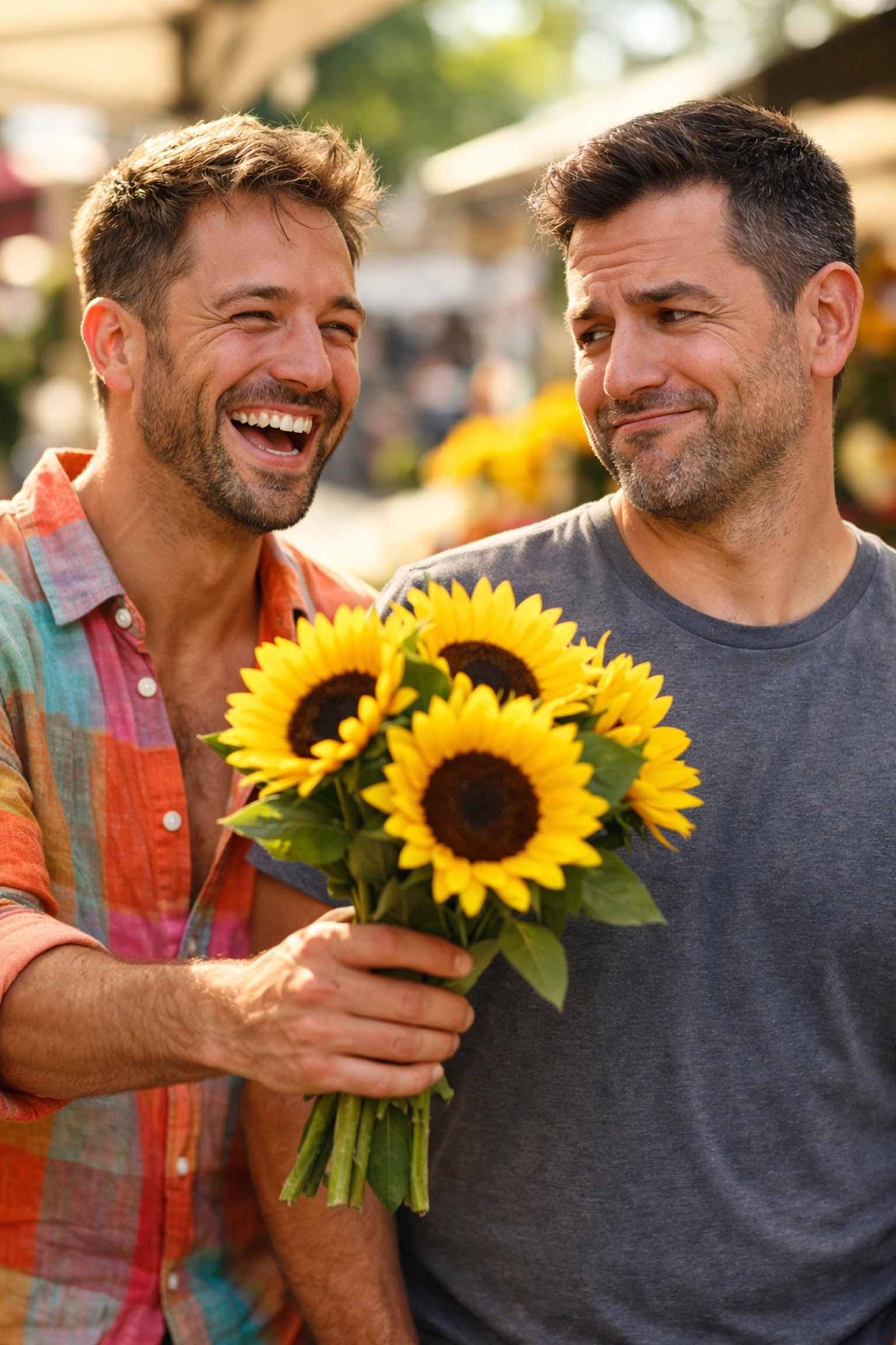A cheerful man giving sunflowers to his grumpy partner, a classic scene from grumpy x sunshine mm romance ebooks.
