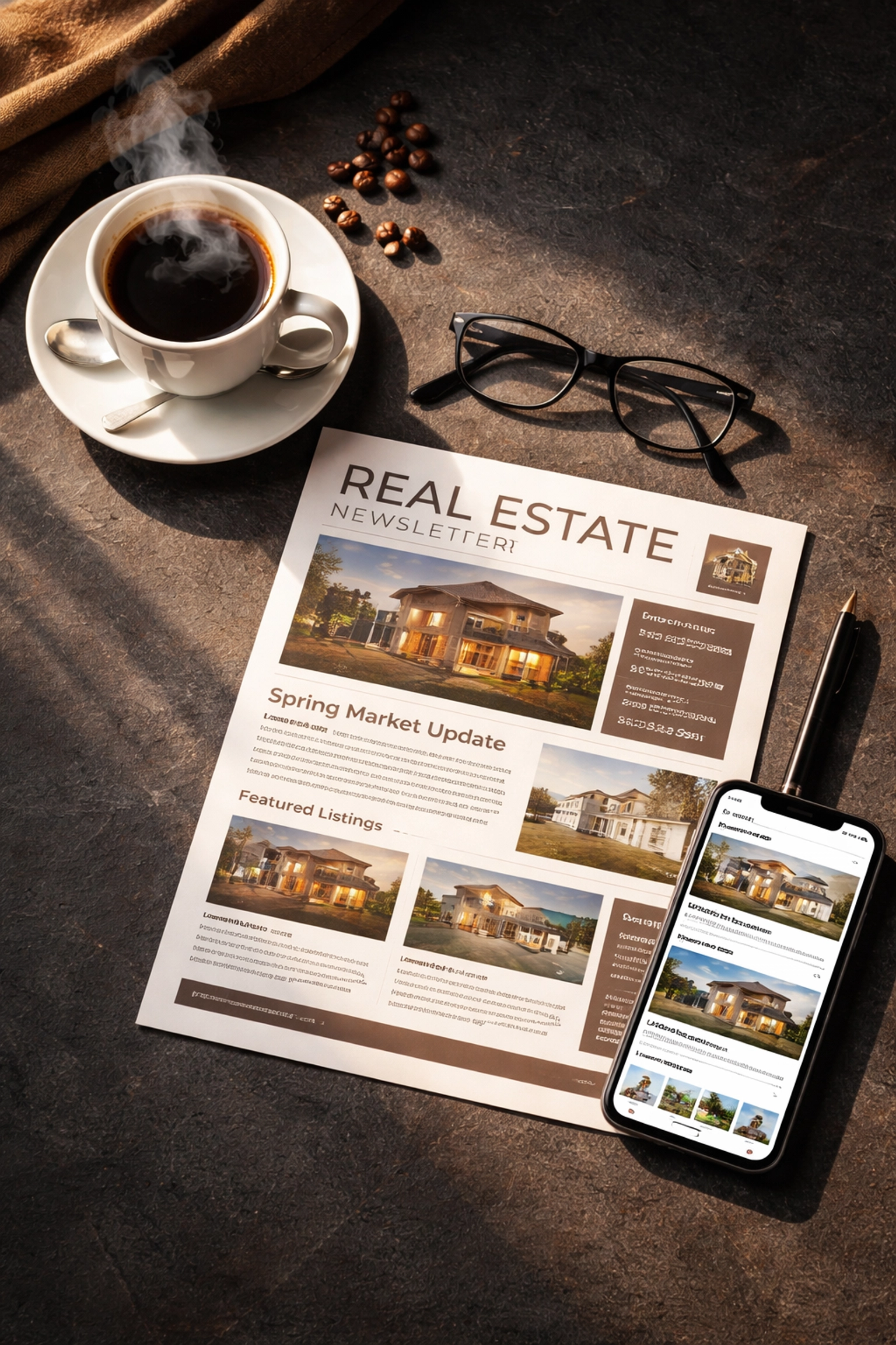 Coffee cup, print newsletter, and smartphone showing listings, blending traditional and modern real estate marketing strategies.