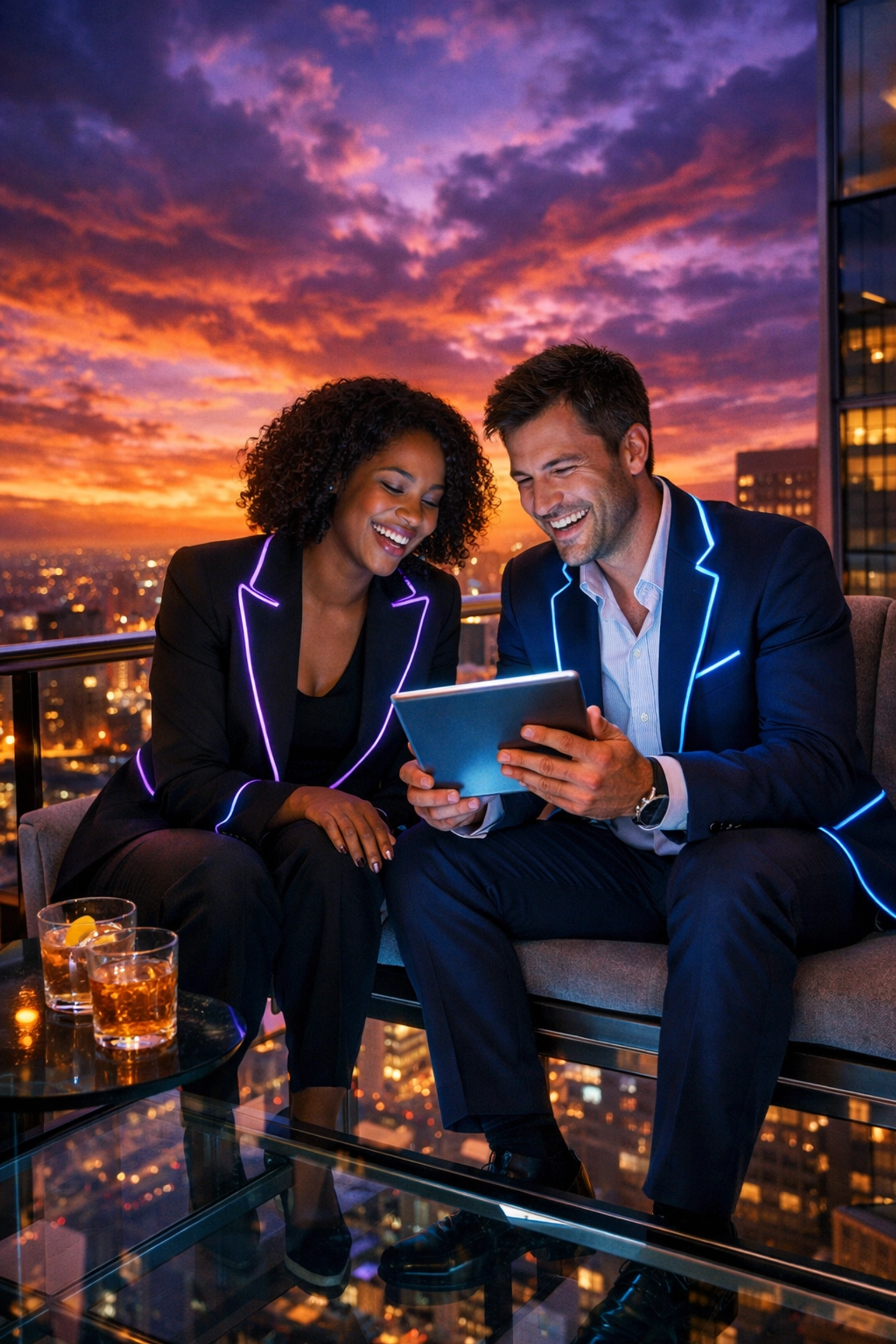 Two smiling colleagues bonding on an office balcony, showing the benefits of workplace romance.