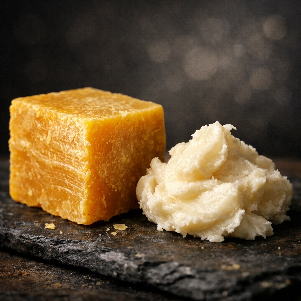 Natural beeswax and organic shea butter ingredients used in premium beard wax for superior hold.